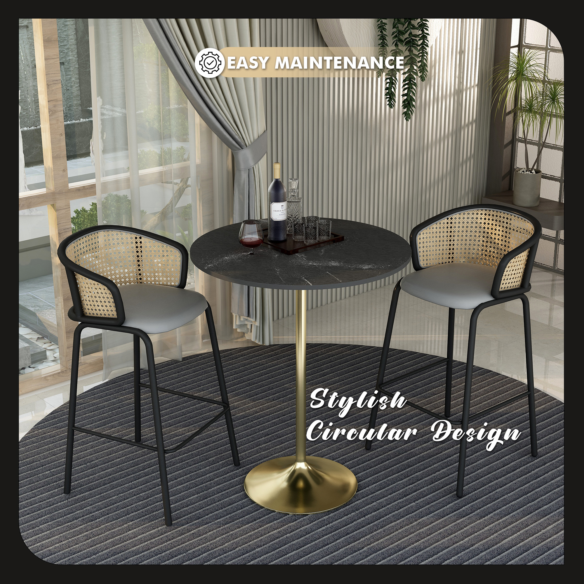 Verve Collection Modern Bar Height Table Brushed Gold Base with 36" Round Black Marbelized MDF Top