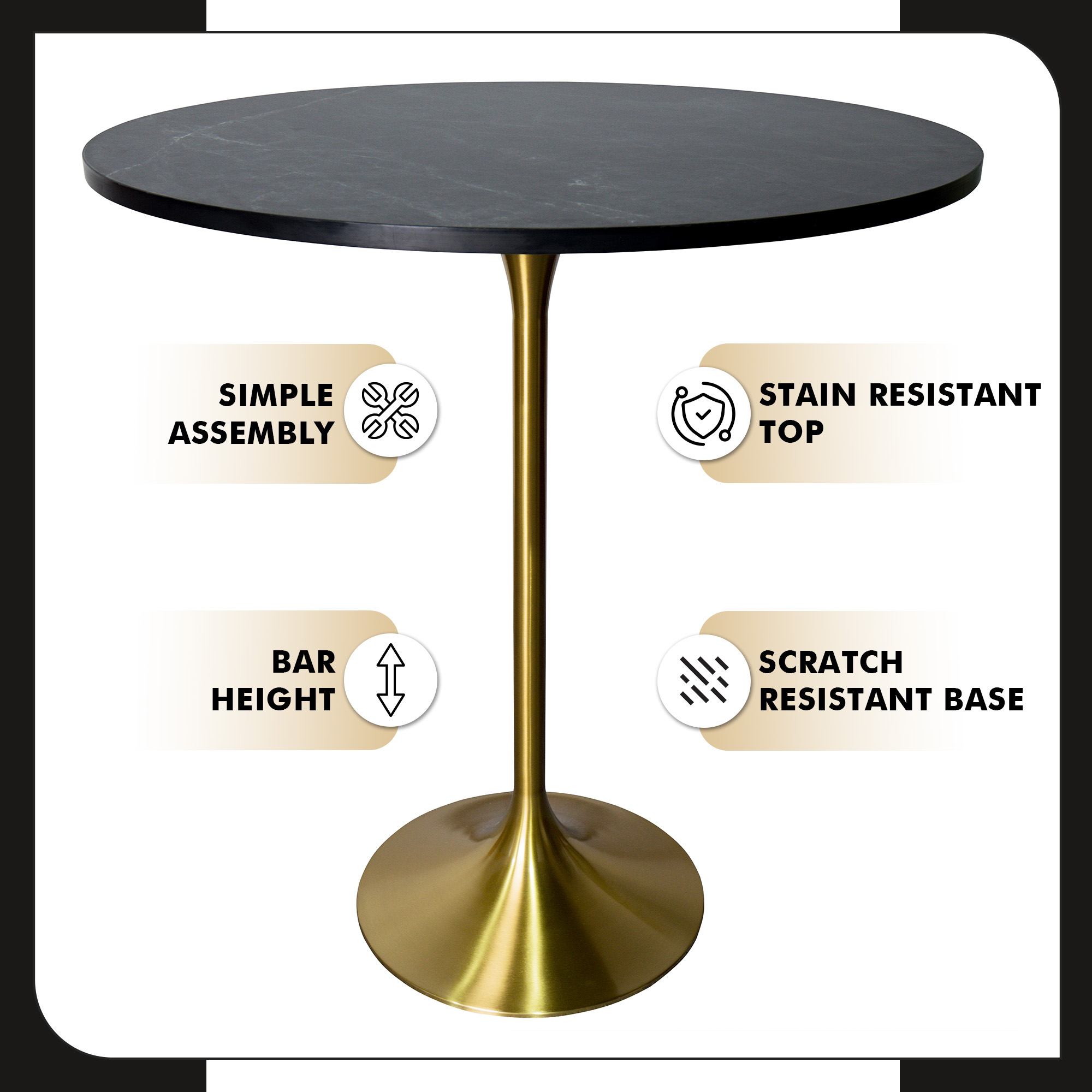 Verve Collection Modern Bar Height Table Brushed Gold Base with 36" Round Black Marbelized MDF Top