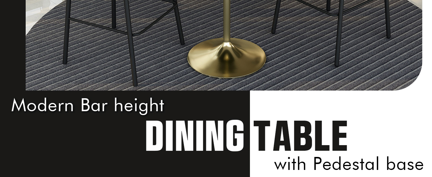 Verve Collection Modern Bar Height Table Brushed Gold Base with 36" Round Black Marbelized MDF Top