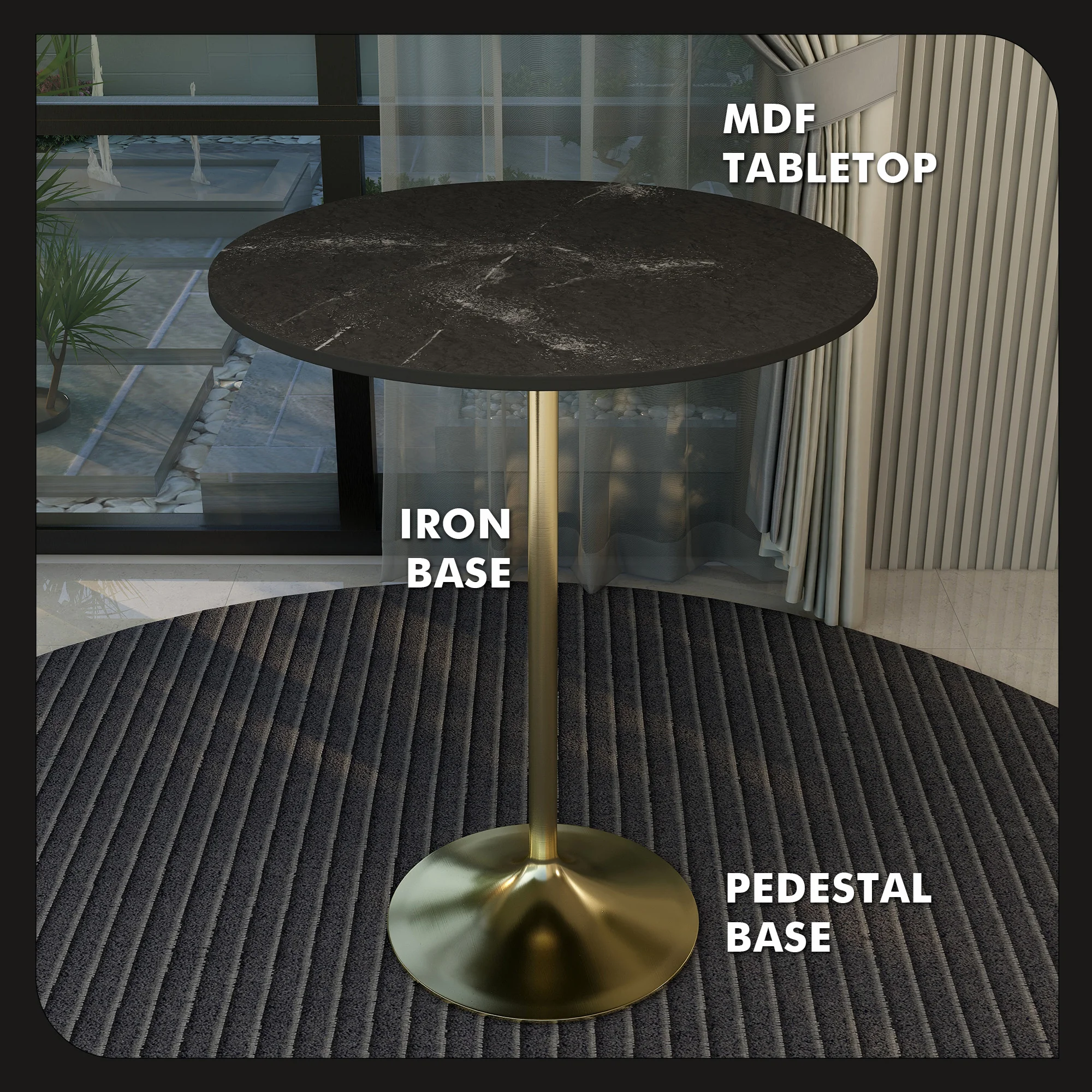 Verve Collection Modern Bar Height Table Brushed Gold Base with 36" Round Black Marbelized MDF Top