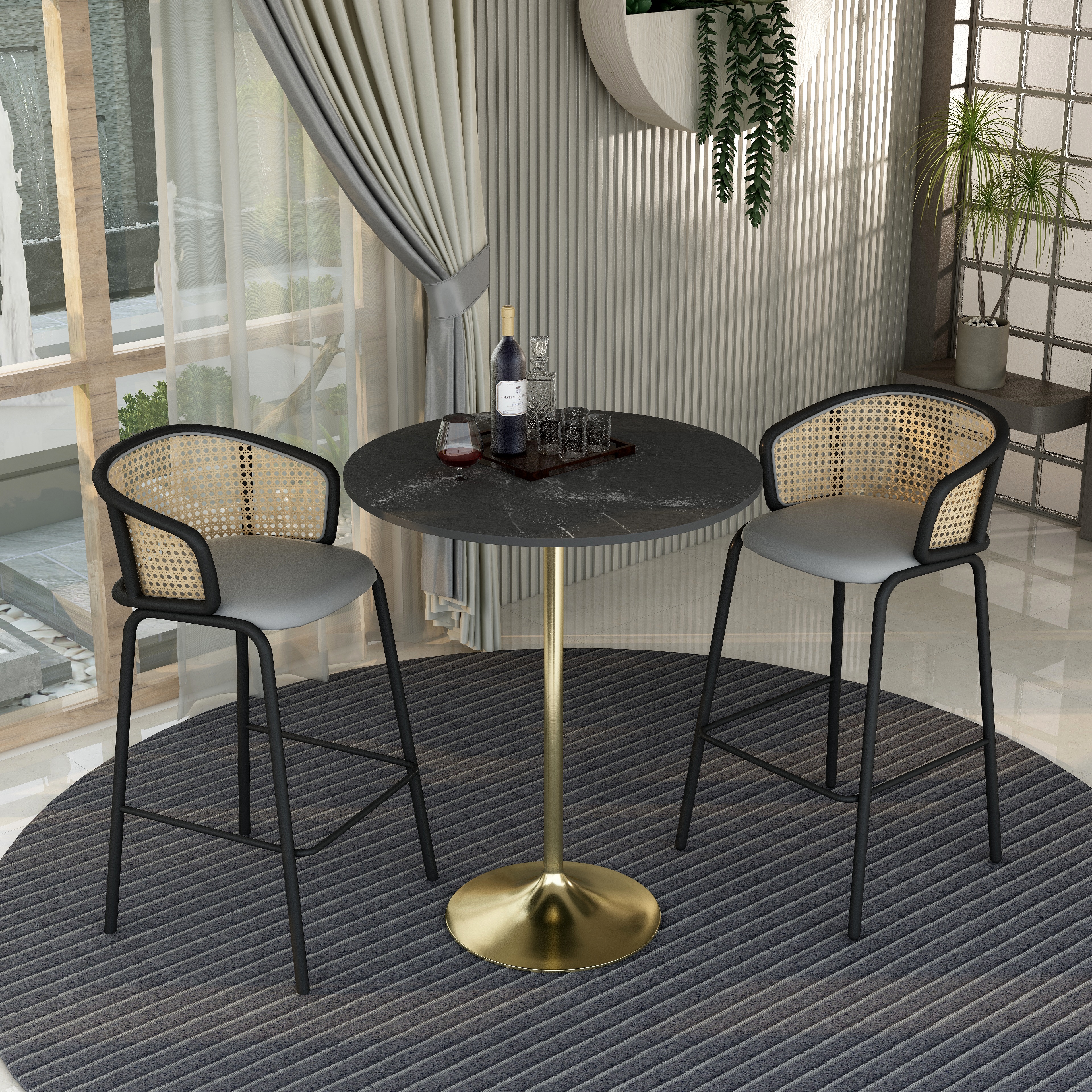 Verve Collection Modern Bar Height Table Brushed Gold Base with 36" Round Black Marbelized MDF Top