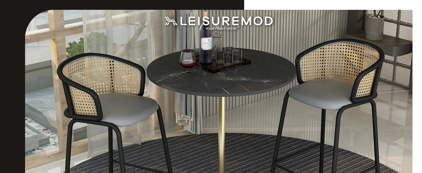 Verve Collection Modern Bar Height Table Brushed Gold Base with 36" Round Black Marbelized MDF Top