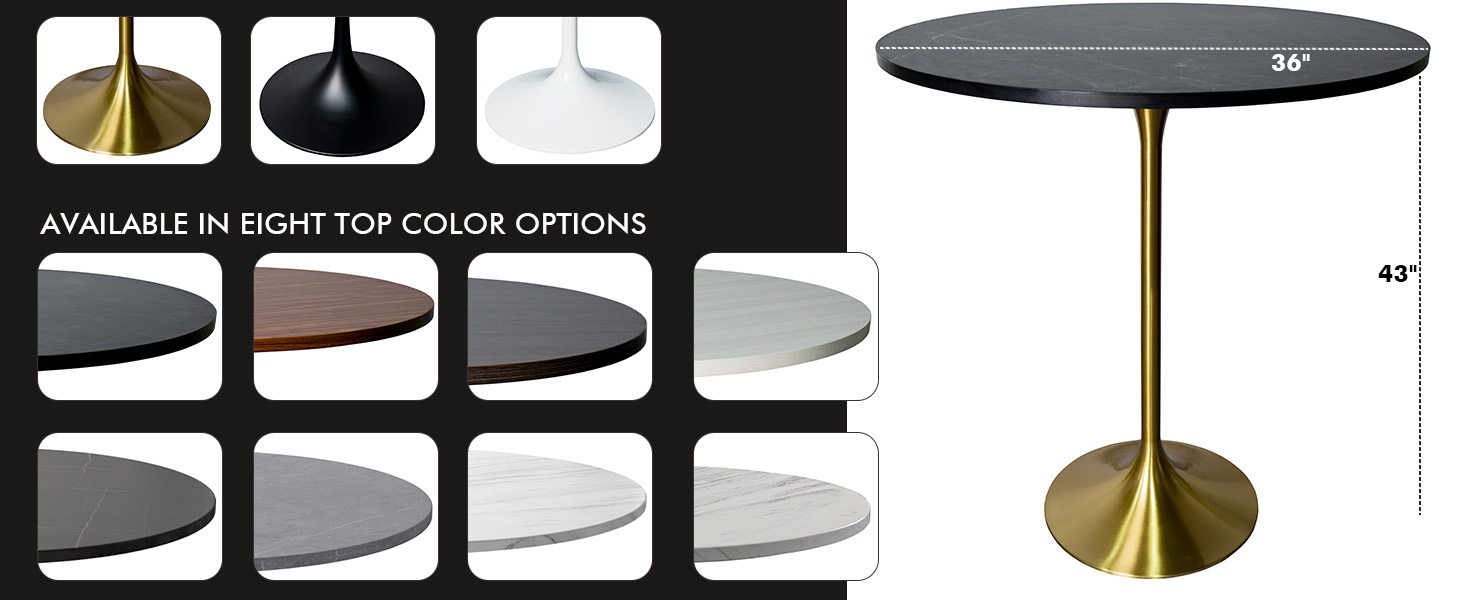 Verve Collection Modern Bar Height Table Brushed Gold Base with 36" Round Black Marbelized MDF Top