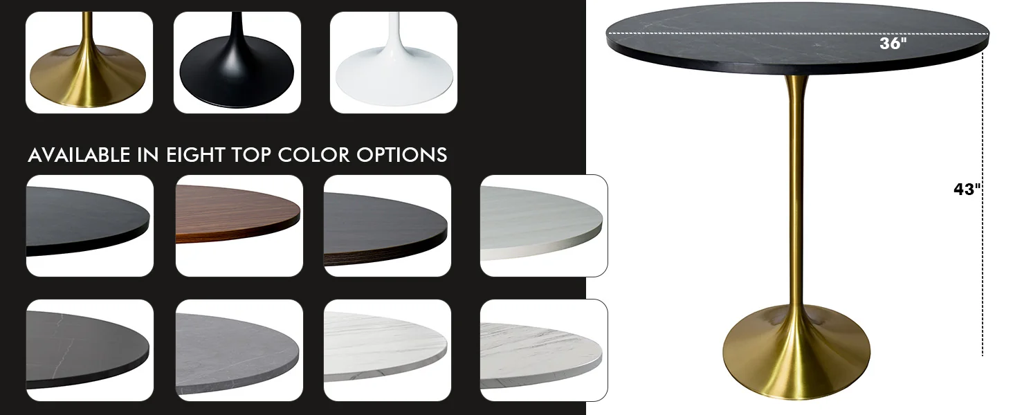 Verve Collection Modern Bar Height Table Brushed Gold Base with 36" Round Black Marbelized MDF Top