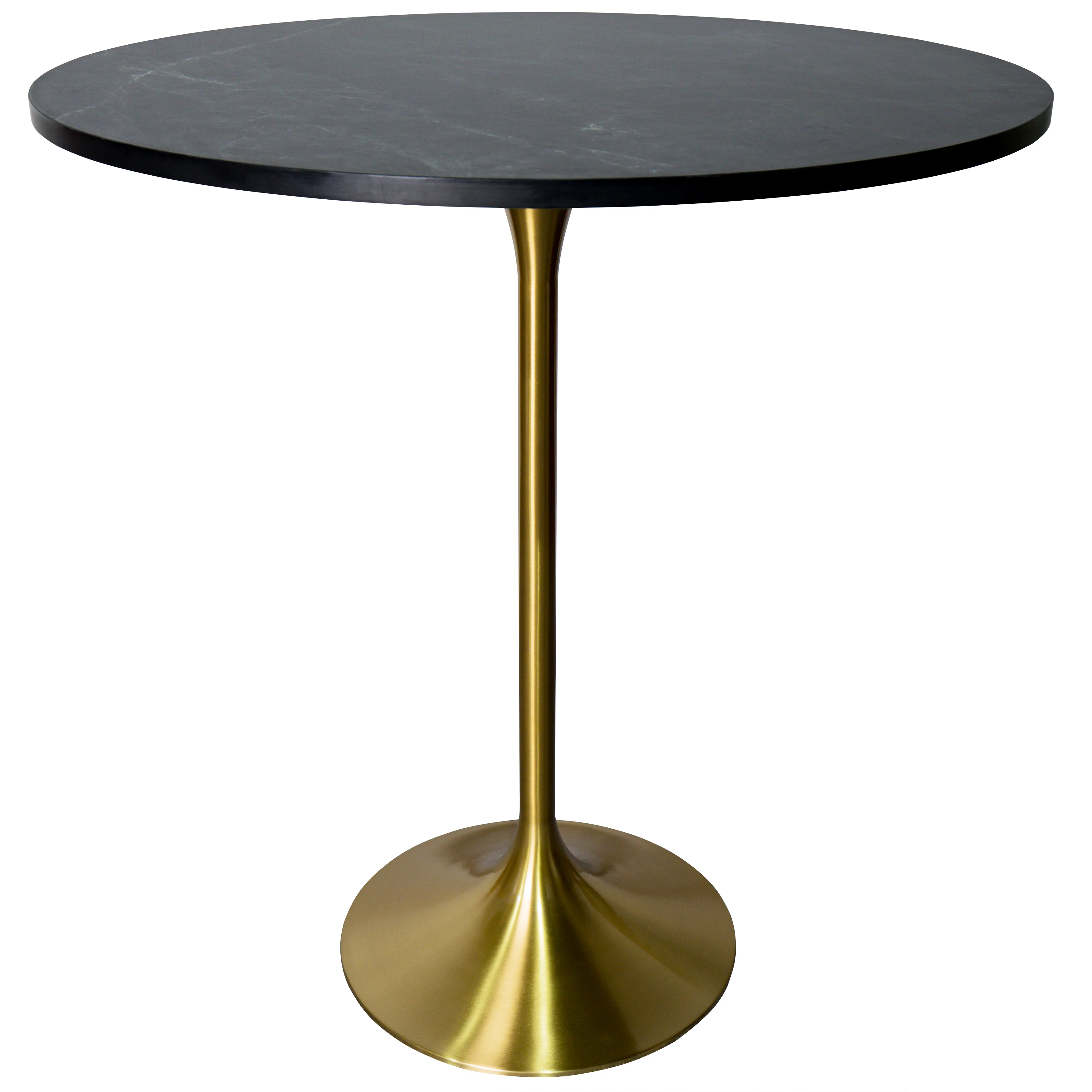 Verve Collection Modern Bar Height Table Brushed Gold Base with 36" Round Black Marbelized MDF Top