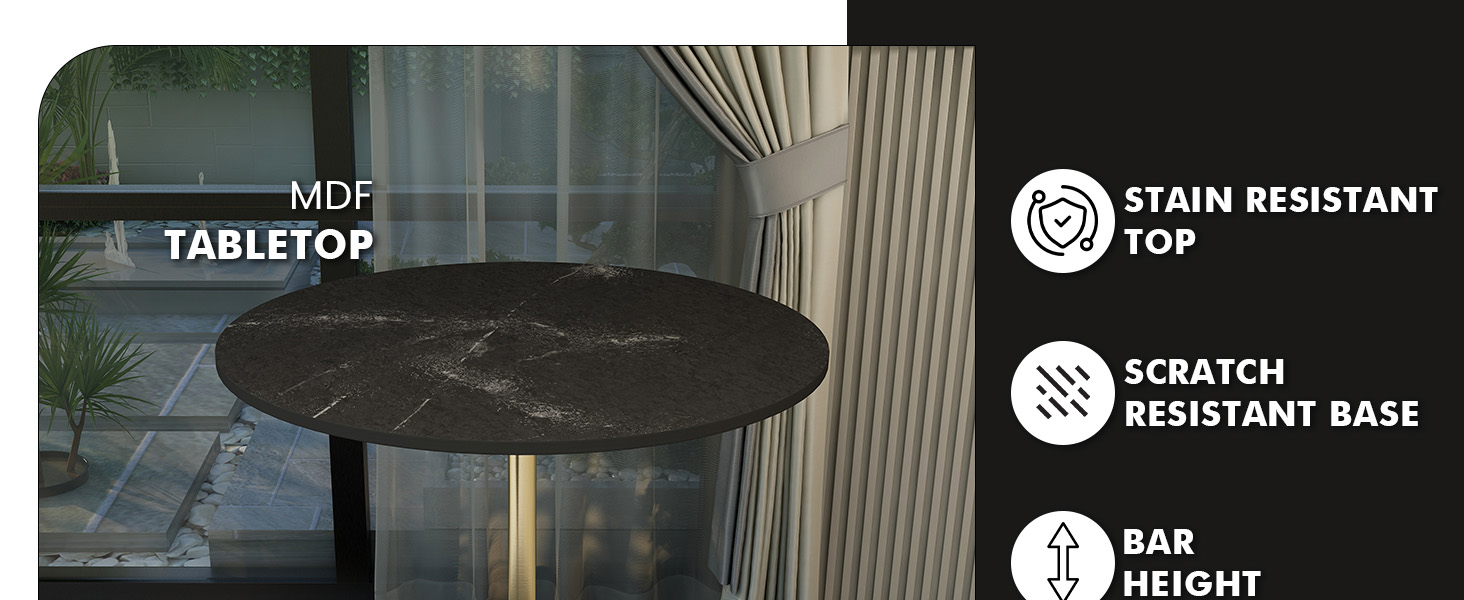 Verve Collection Modern Bar Height Table Brushed Gold Base with 36" Round Black Marbelized MDF Top