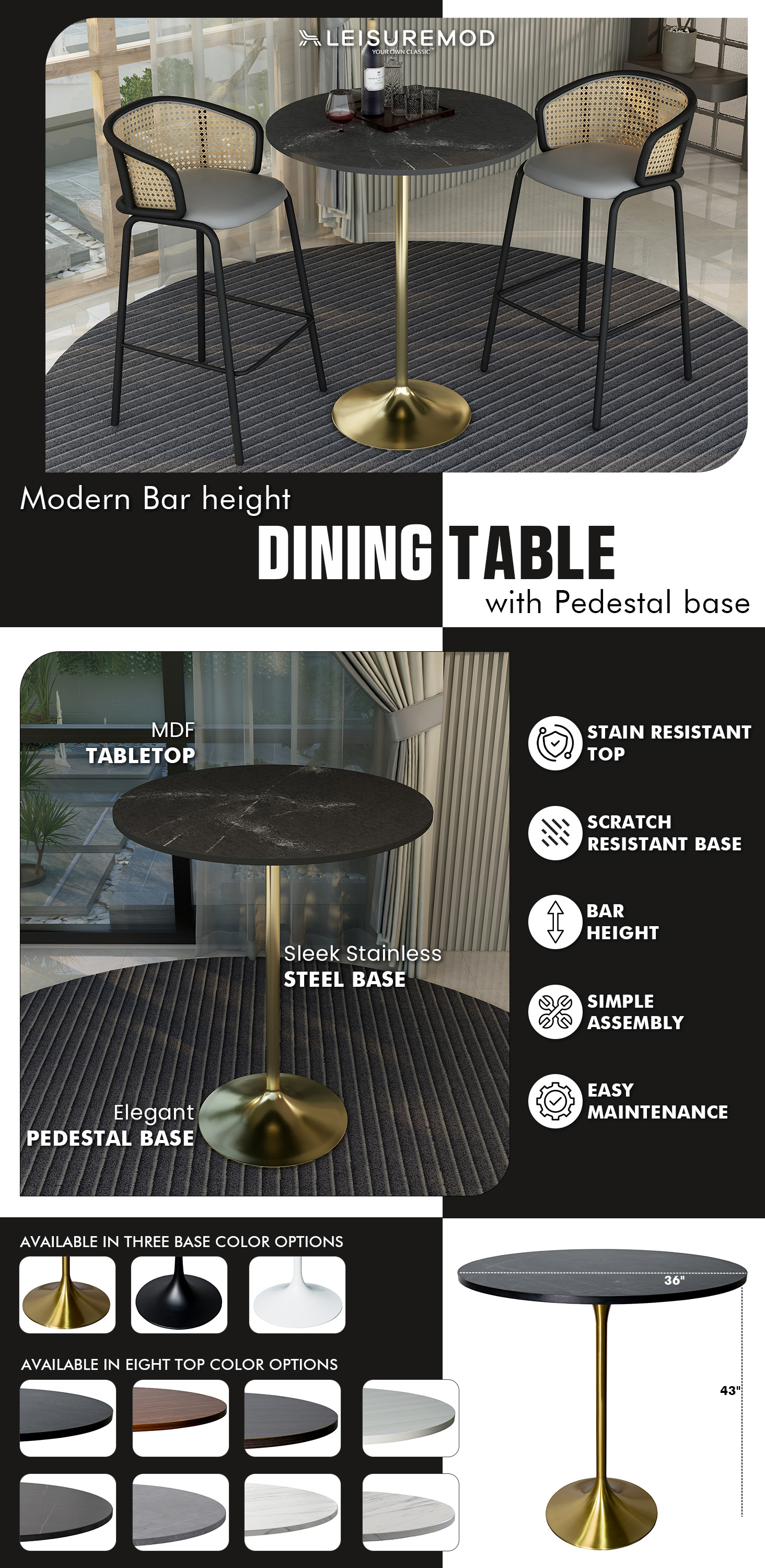 Verve Collection Modern Bar Height Table Brushed Gold Base with 36" Round Black Marbelized MDF Top