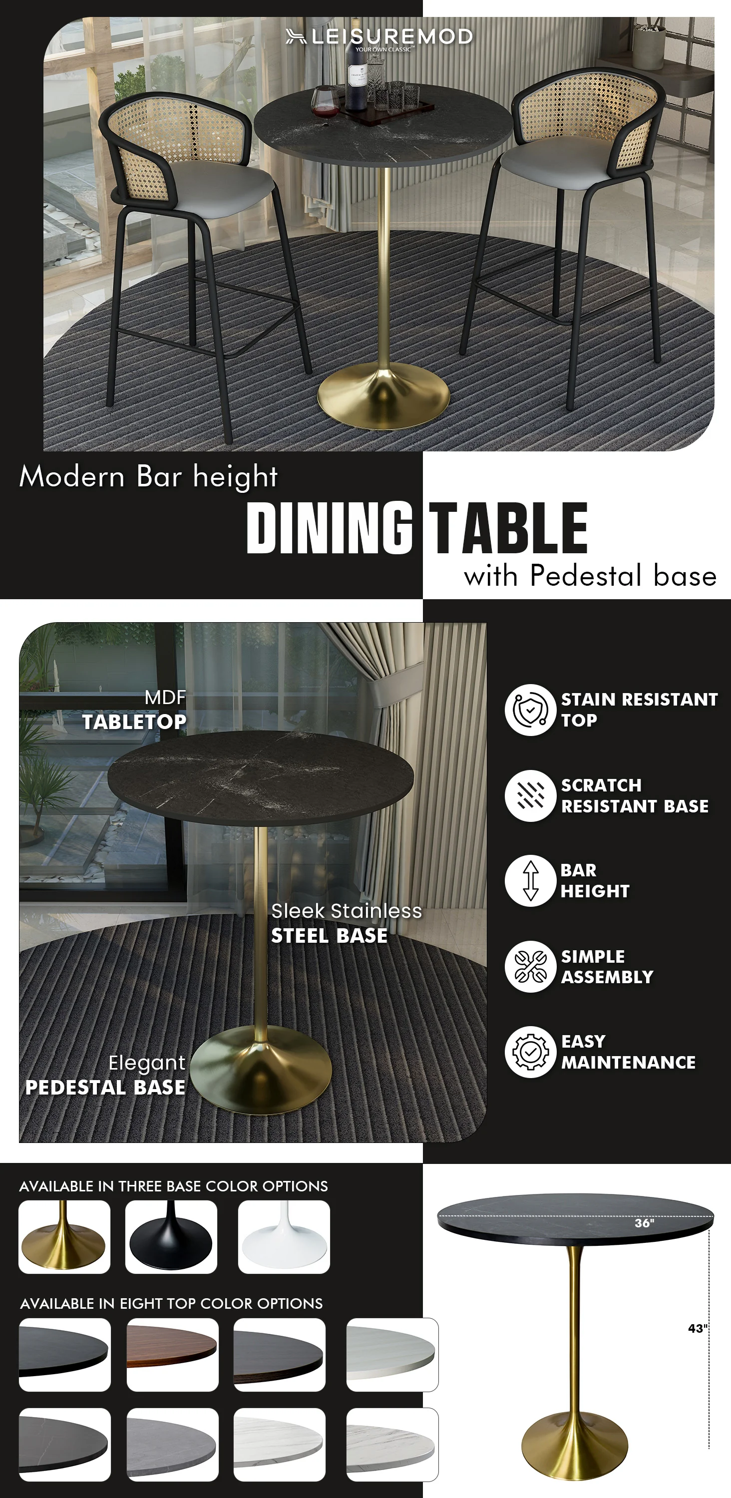 Verve Collection Modern Bar Height Table Brushed Gold Base with 36" Round Black Marbelized MDF Top