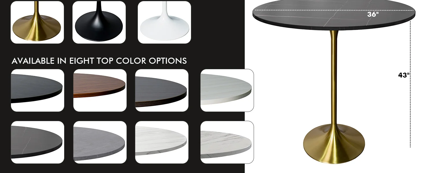 Verve Collection Modern Bar Height Table Brushed Gold Base with 36" Round Black Marbelized Sintered Stone Top