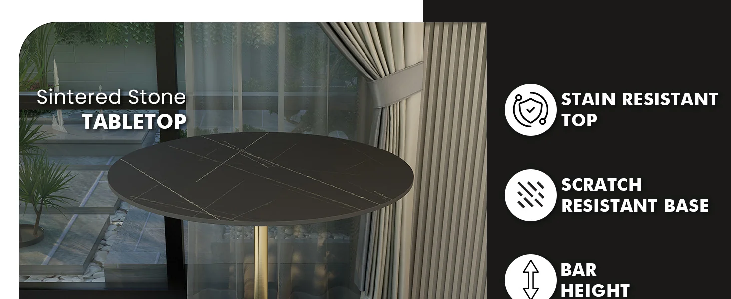 Verve Collection Modern Bar Height Table Brushed Gold Base with 36" Round Black Marbelized Sintered Stone Top