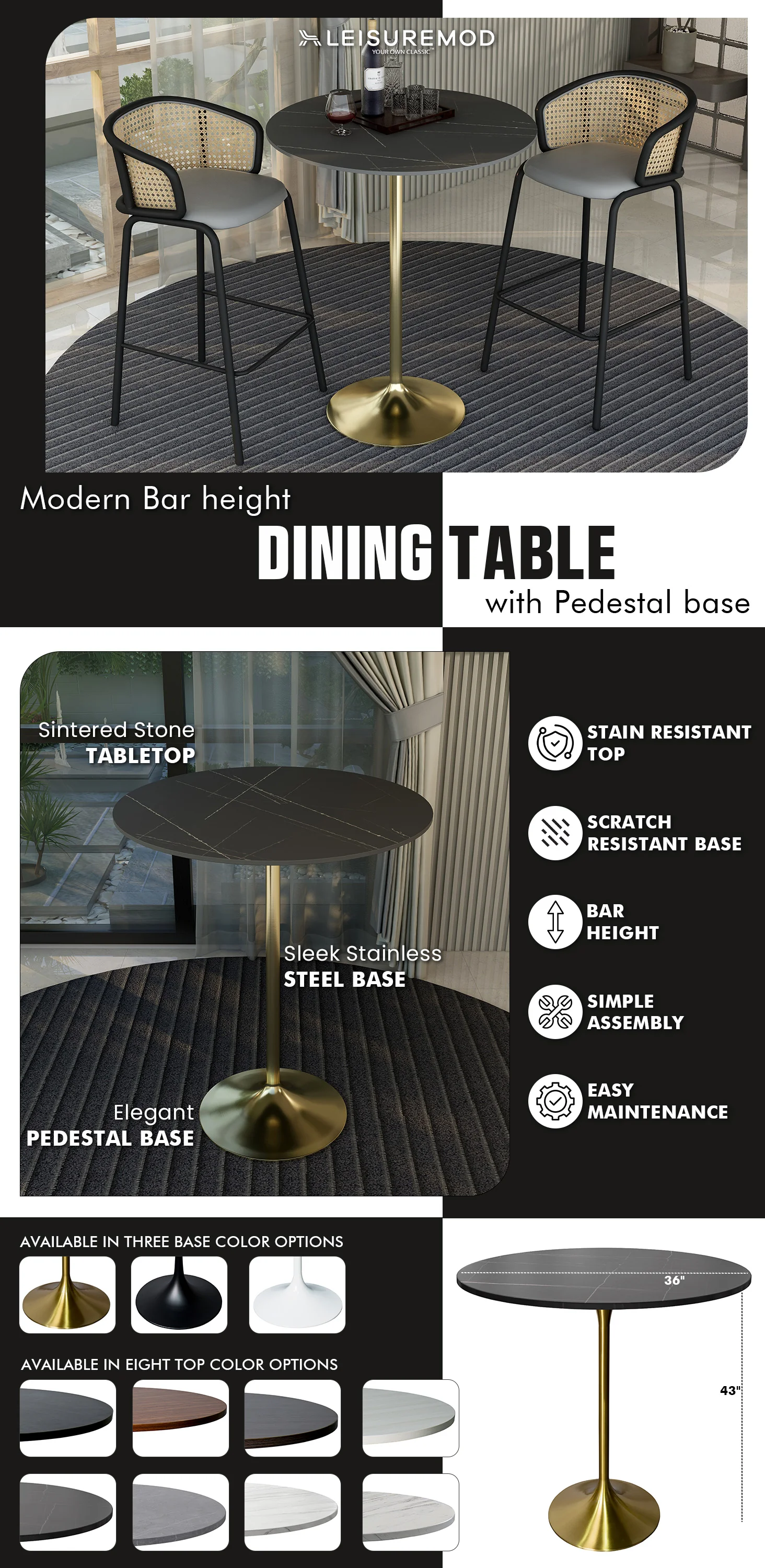 Verve Collection Modern Bar Height Table Brushed Gold Base with 36" Round Black Marbelized Sintered Stone Top