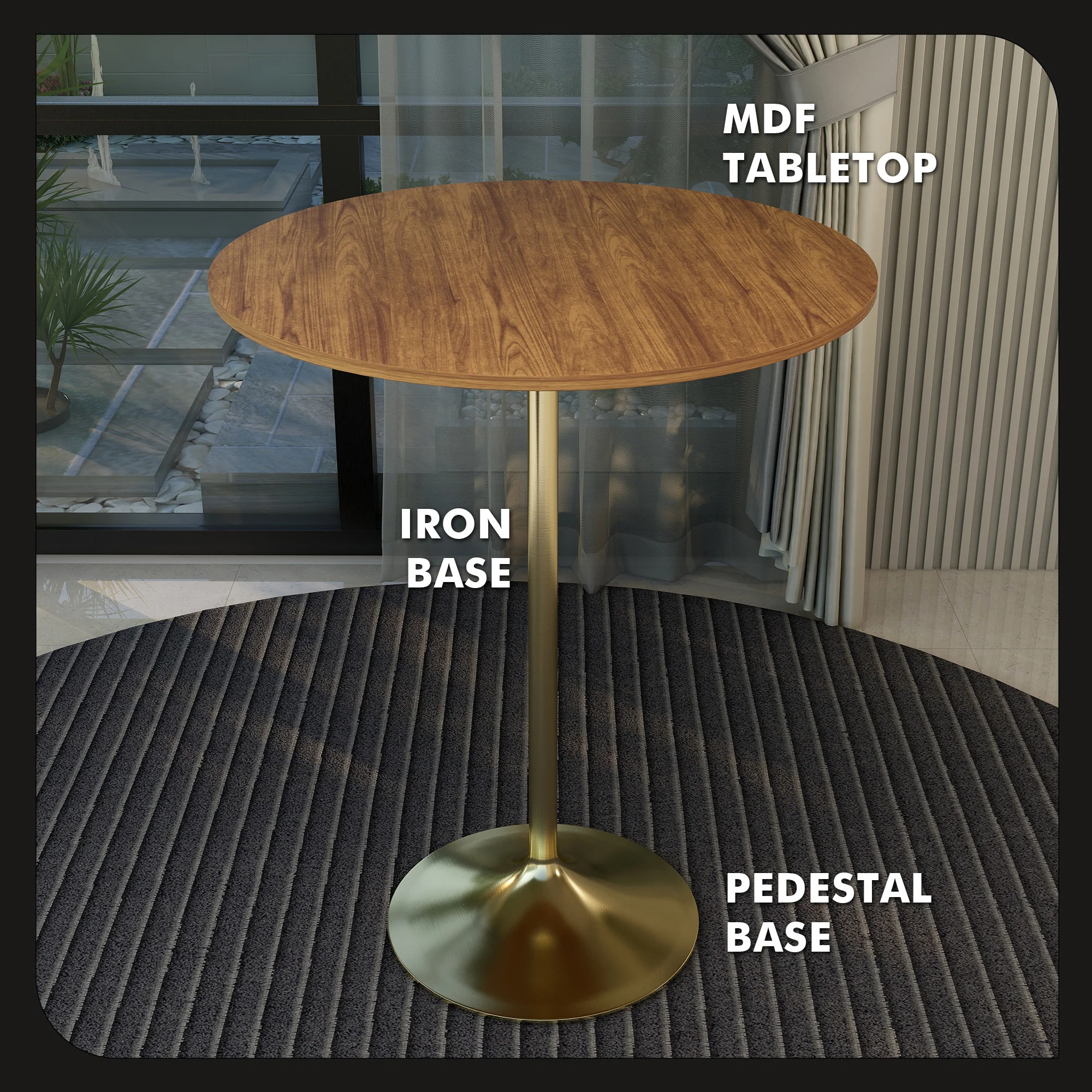 Verve Collection Modern Bar Height Table Brushed Gold Base with 36" Round Cognac Brown MDF Top
