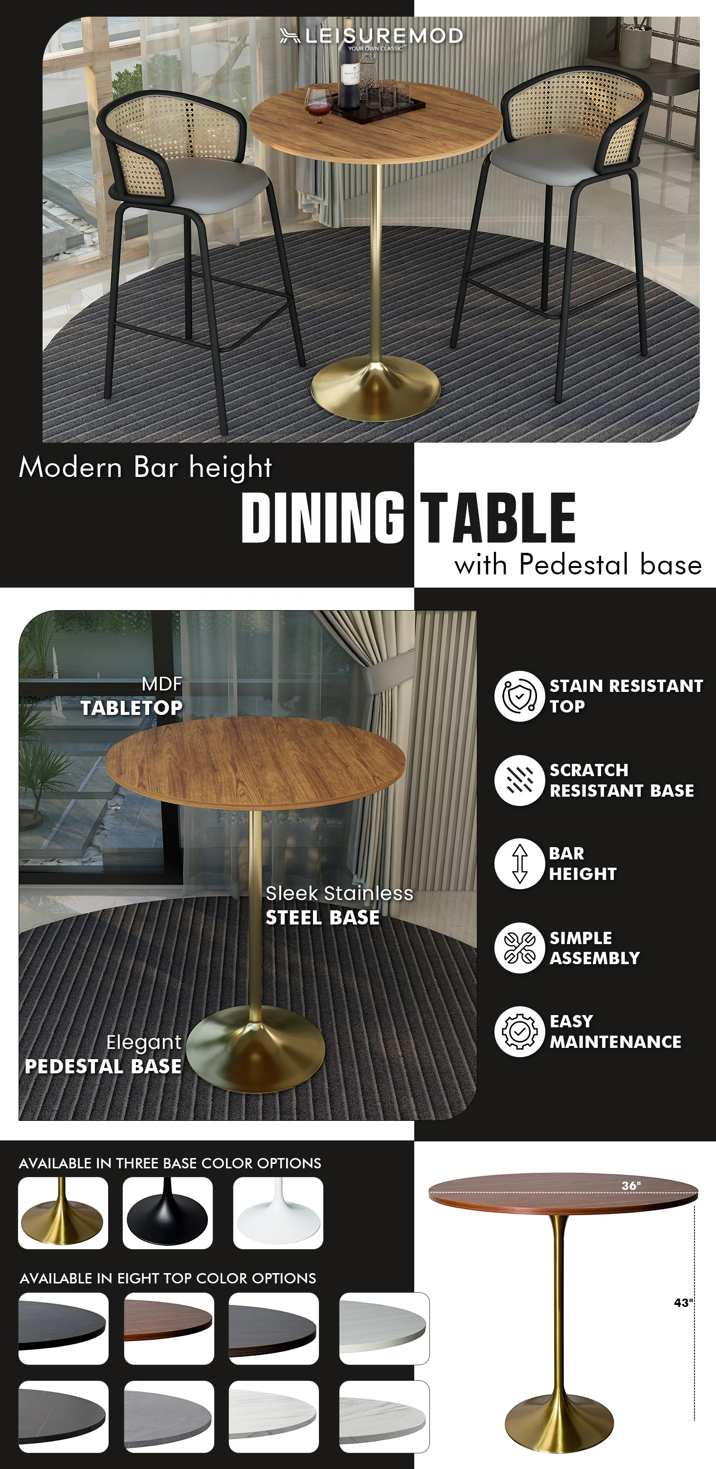 Verve Collection Modern Bar Height Table Brushed Gold Base with 36" Round Cognac Brown MDF Top