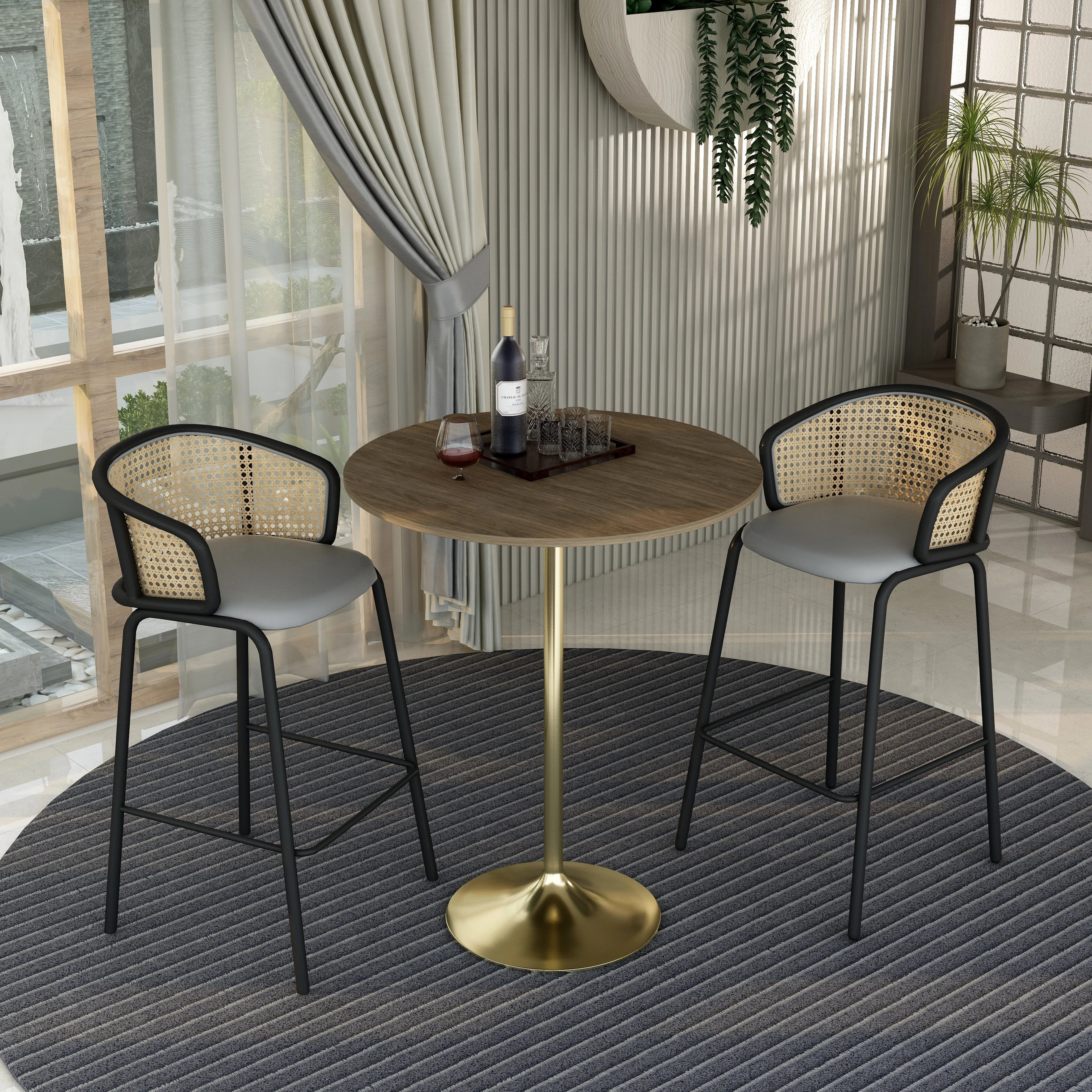 Verve Collection Modern Bar Height Table Brushed Gold Base with 36" Round Dark Walnut MDF Top