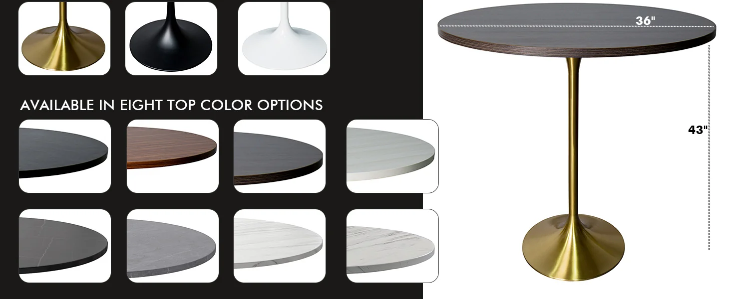 Verve Collection Modern Bar Height Table Brushed Gold Base with 36" Round Dark Walnut MDF Top