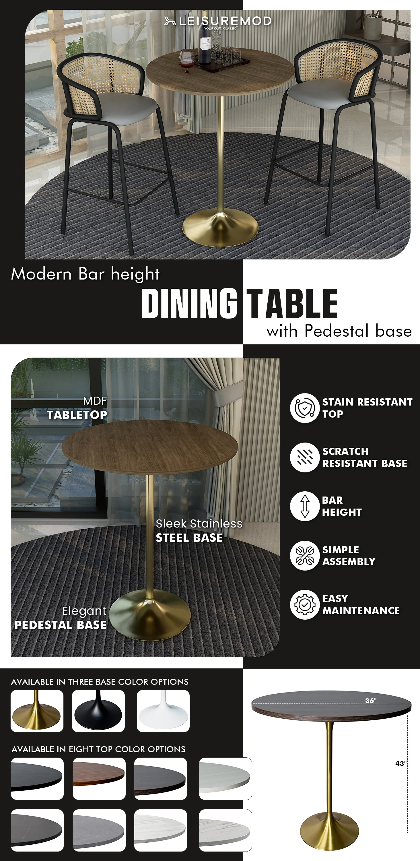 Verve Collection Modern Bar Height Table Brushed Gold Base with 36" Round Dark Walnut MDF Top