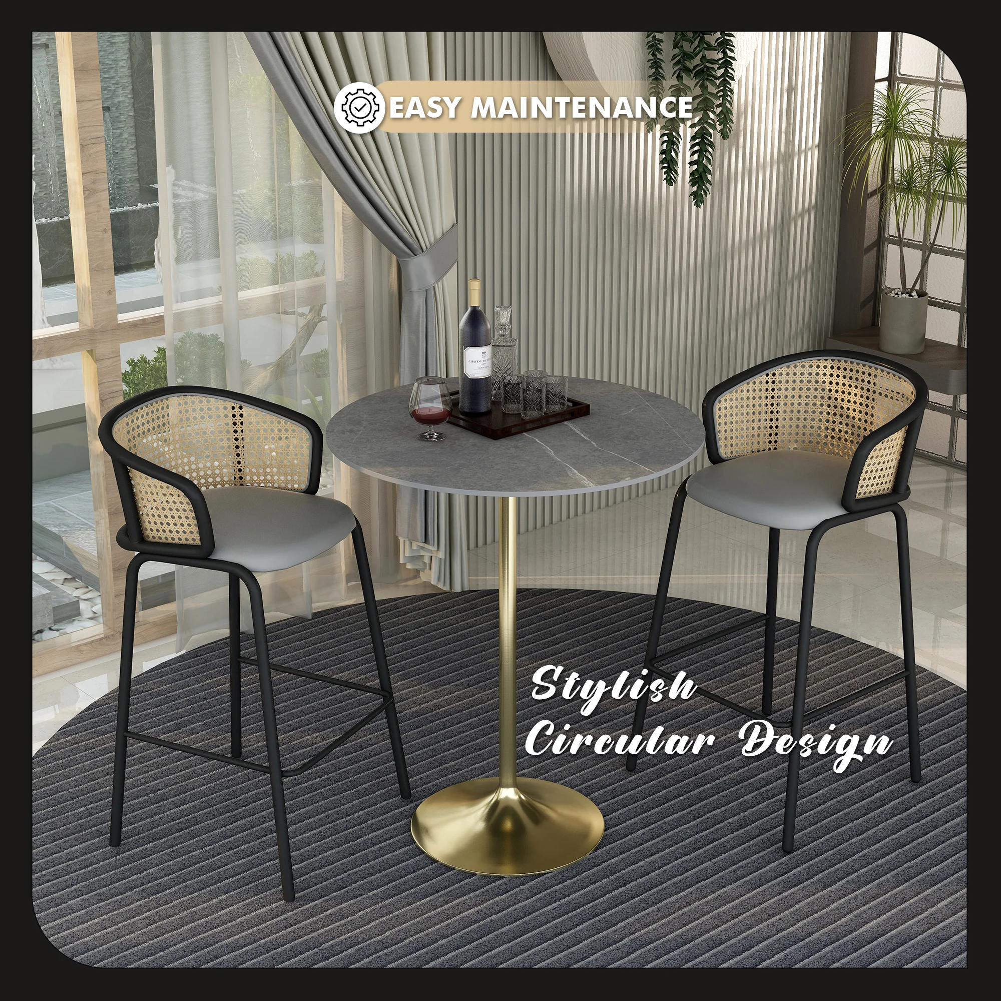 Verve Collection Modern Bar Height Table Brushed Gold Base with 36" Round Marble Grey Sintered Stone Top