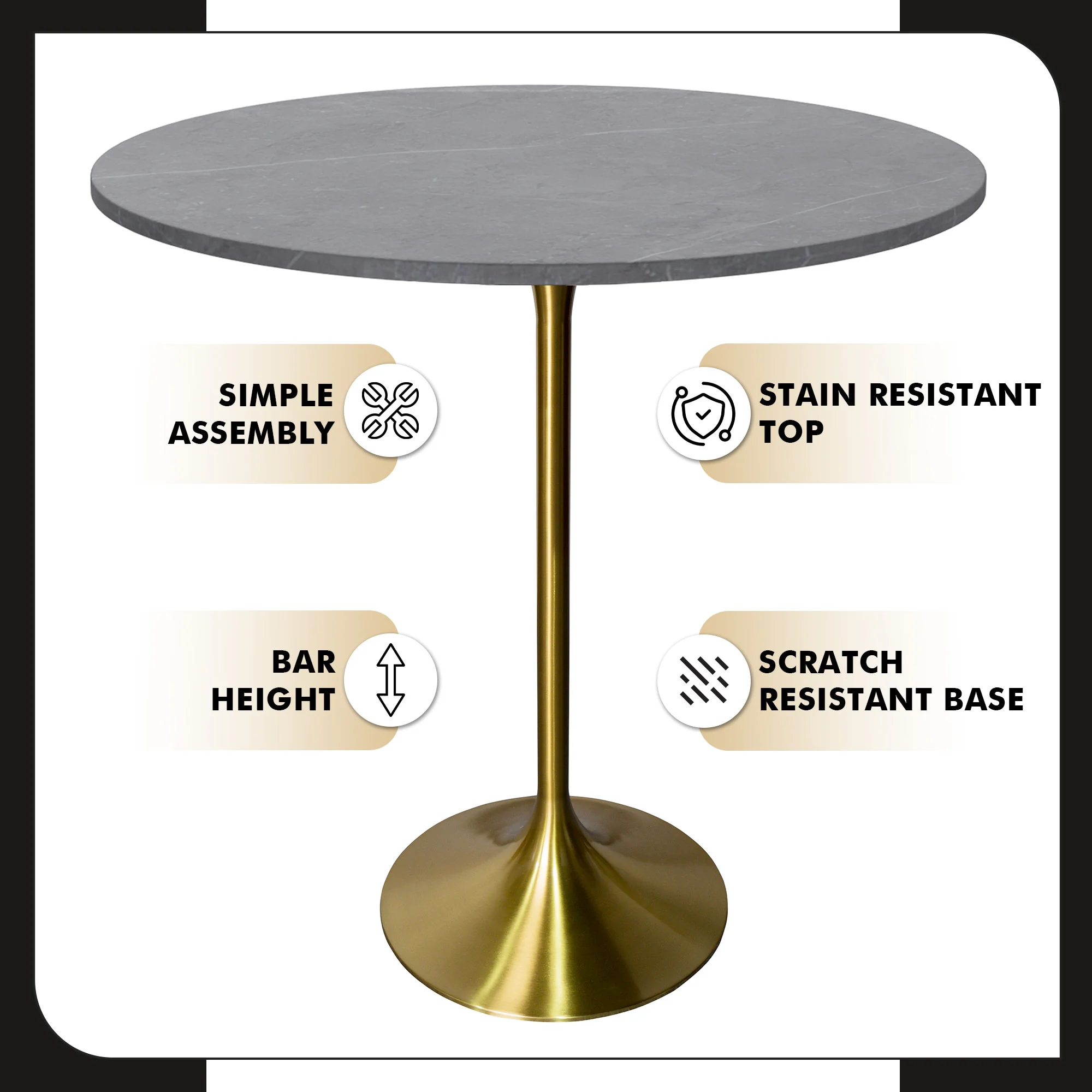 Verve Collection Modern Bar Height Table Brushed Gold Base with 36" Round Marble Grey Sintered Stone Top