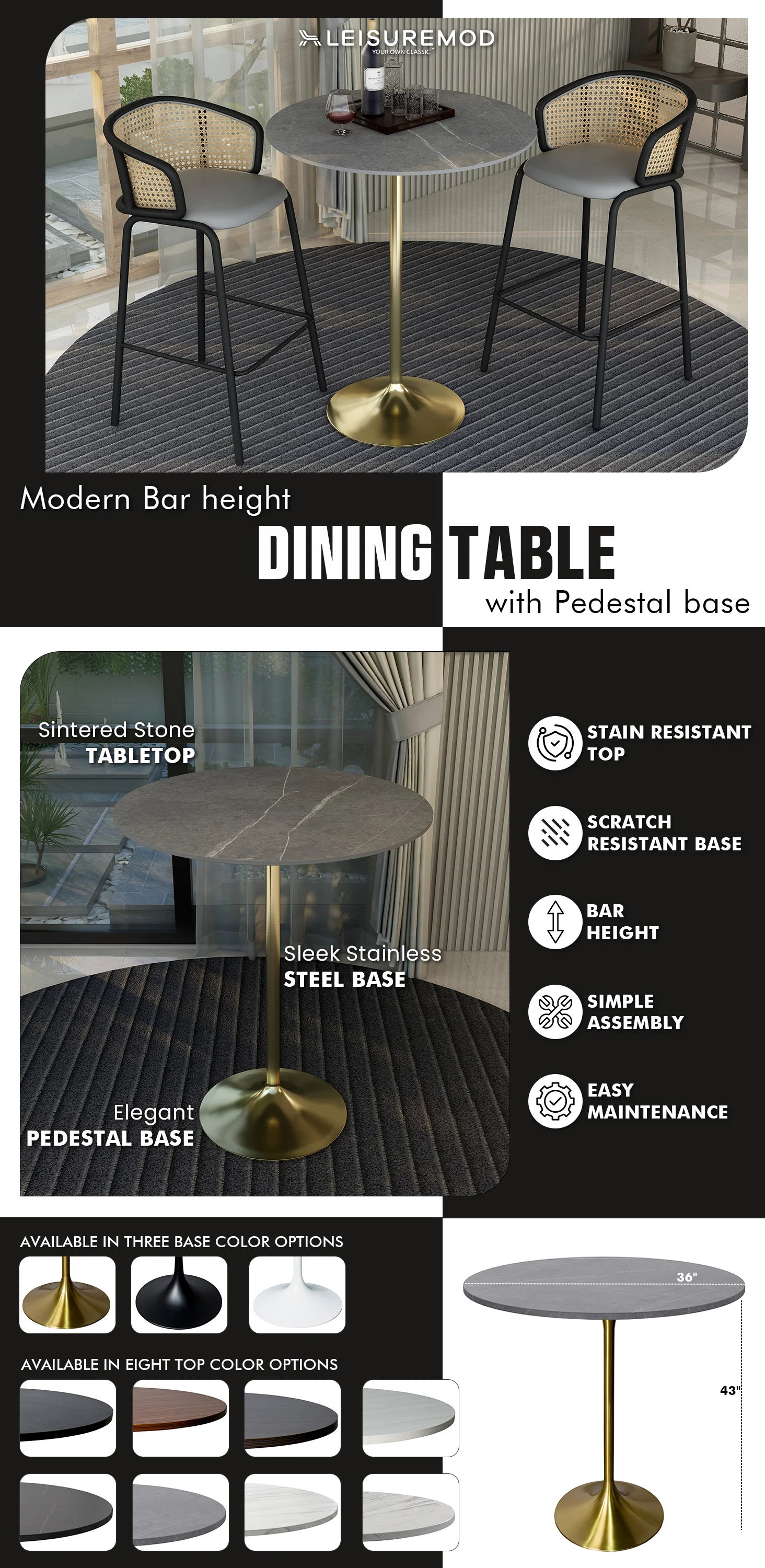 Verve Collection Modern Bar Height Table Brushed Gold Base with 36" Round Marble Grey Sintered Stone Top