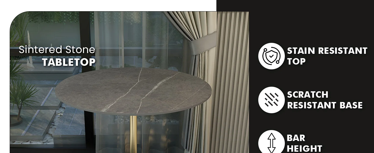 Verve Collection Modern Bar Height Table Brushed Gold Base with 36" Round Marble Grey Sintered Stone Top