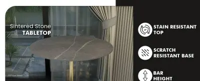 Verve Collection Modern Bar Height Table Brushed Gold Base with 36" Round Marble Grey Sintered Stone Top