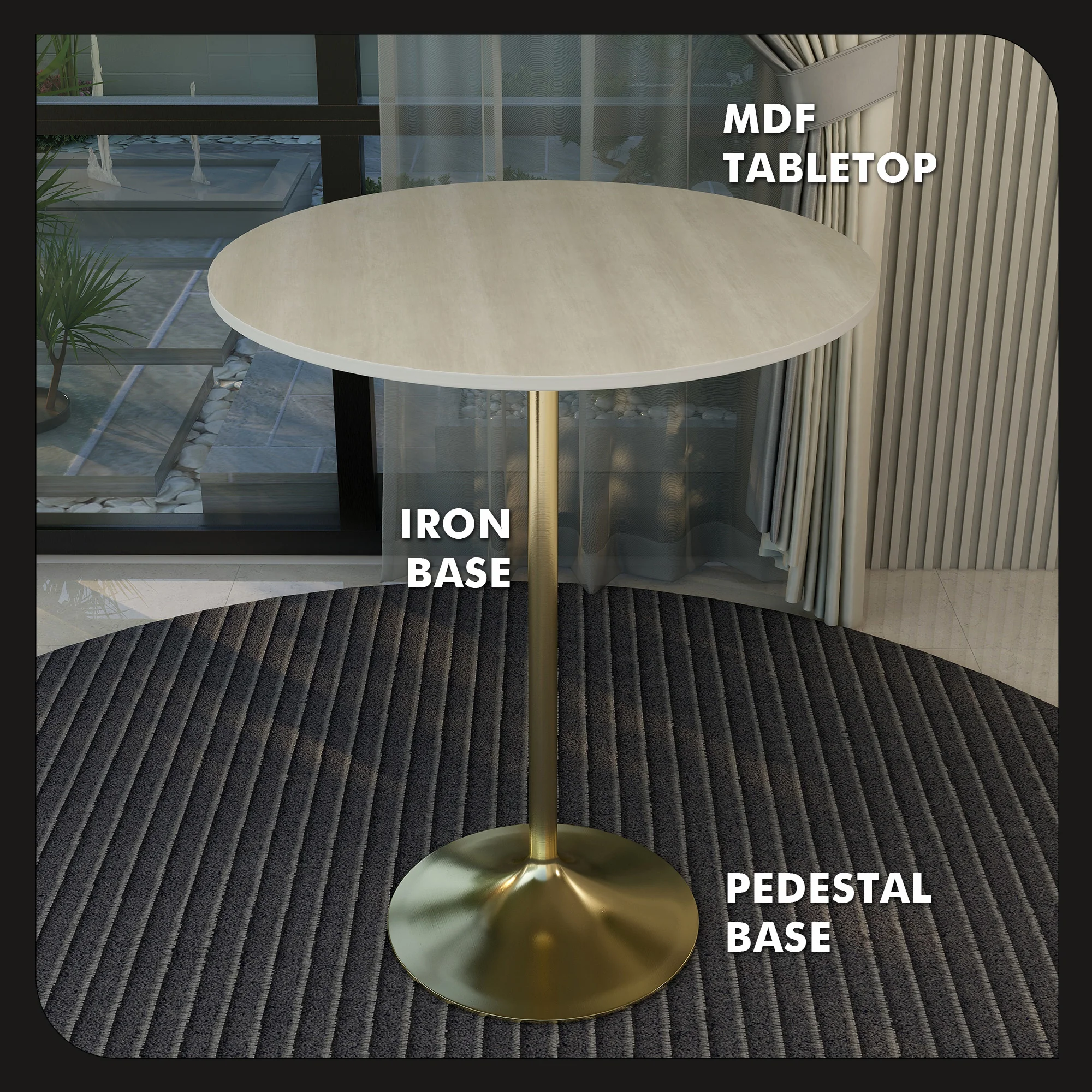 Verve Collection Modern Bar Height Table Brushed Gold Base with 36" Round Light Natural Wood MDF Top