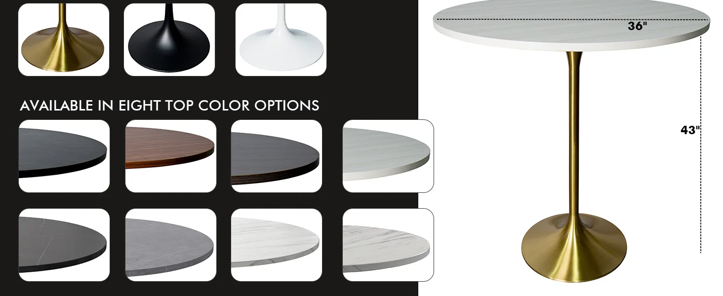 Verve Collection Modern Bar Height Table Brushed Gold Base with 36" Round Light Natural Wood MDF Top