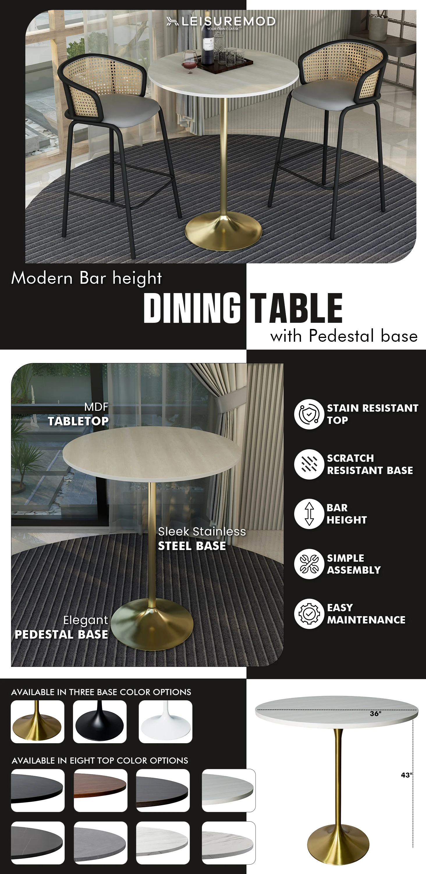 Verve Collection Modern Bar Height Table Brushed Gold Base with 36" Round Light Natural Wood MDF Top