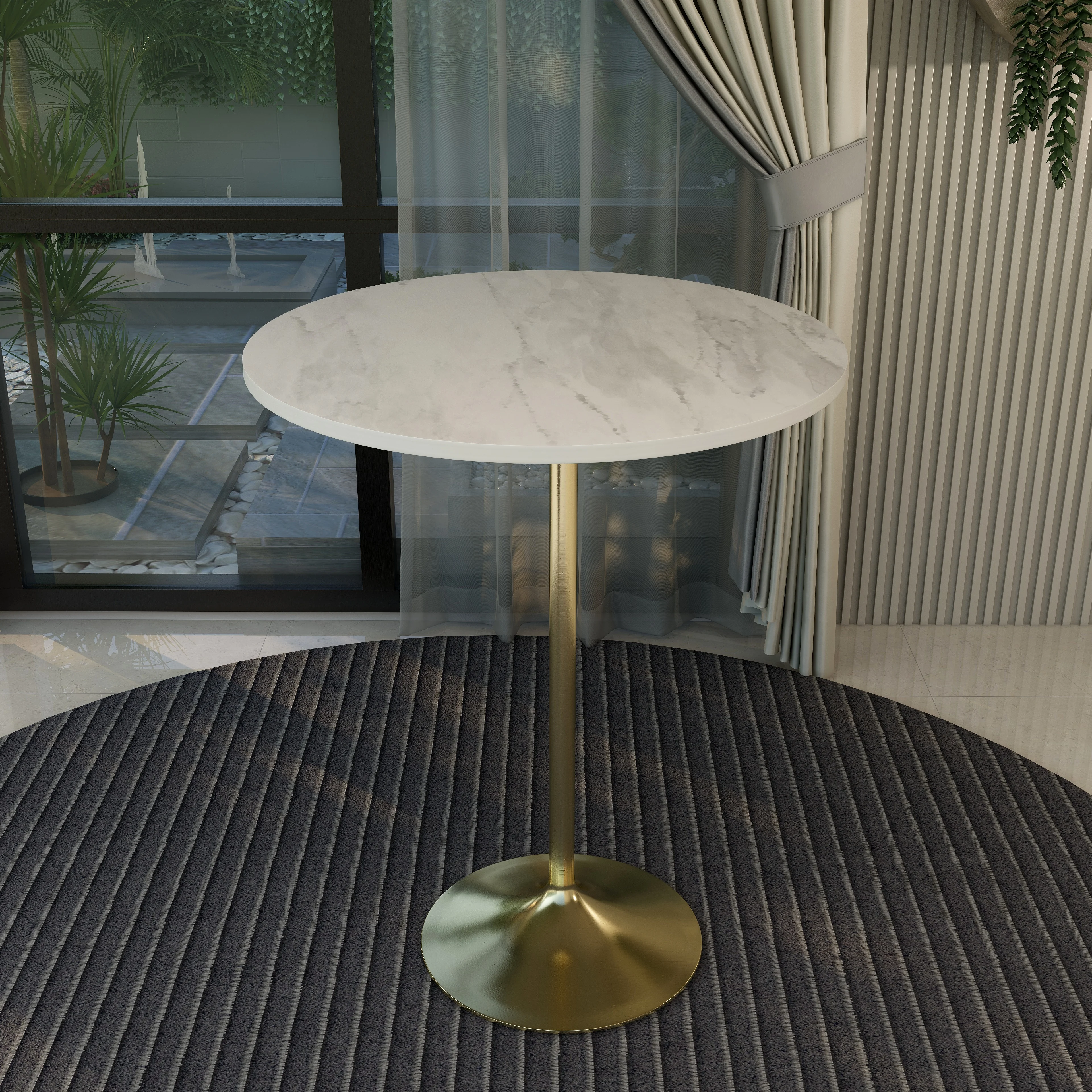 Verve Collection Modern Bar Height Table Brushed Gold Base with 36" Round Marbleized White Laminated Top