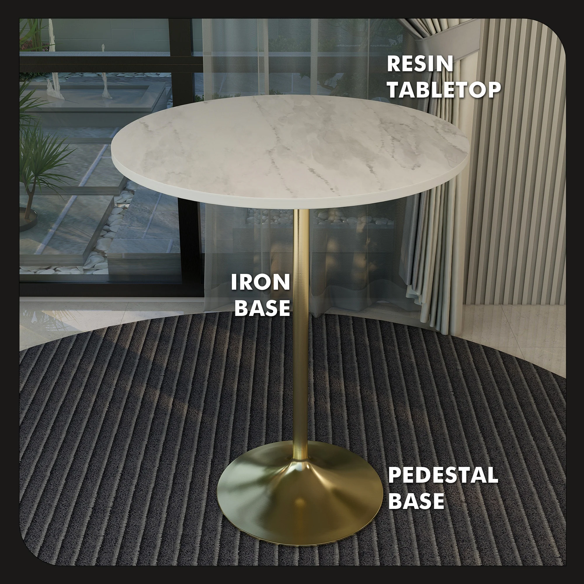 Verve Collection Modern Bar Height Table Brushed Gold Base with 36" Round Marbleized White Laminated Top