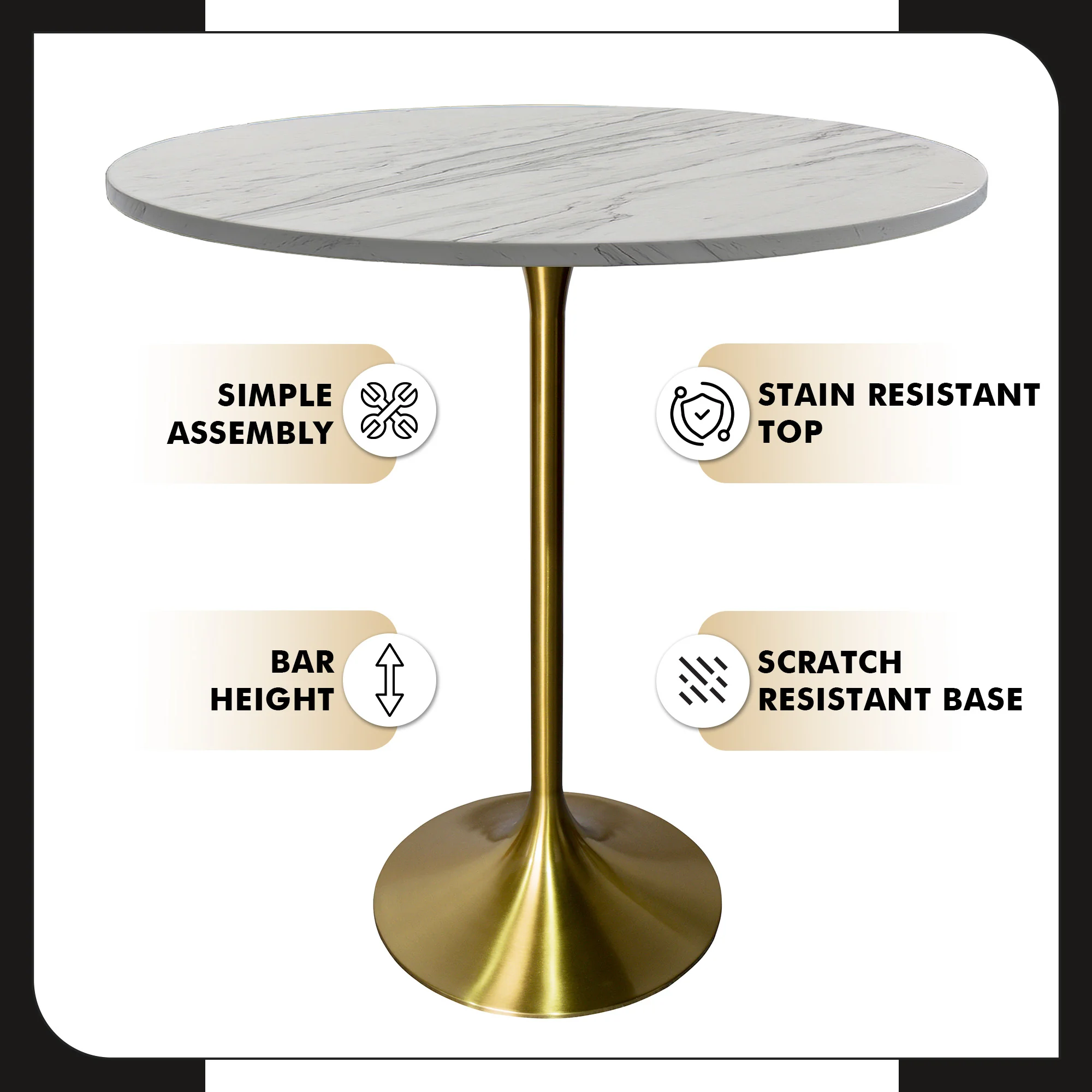 Verve Collection Modern Bar Height Table Brushed Gold Base with 36" Round Marbleized White Laminated Top