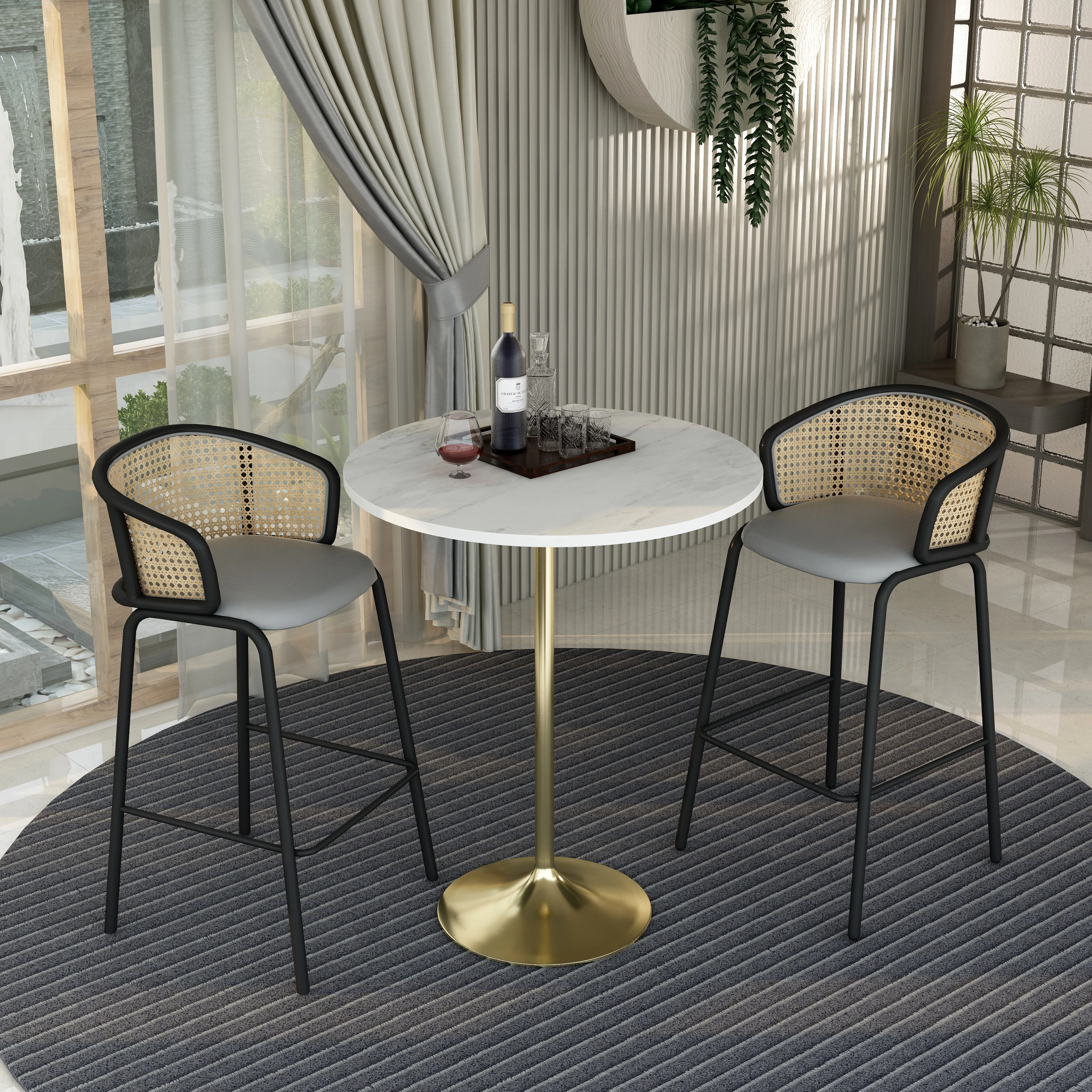 Verve Collection Modern Bar Height Table Brushed Gold Base with 36" Round Marbleized White Laminated Top