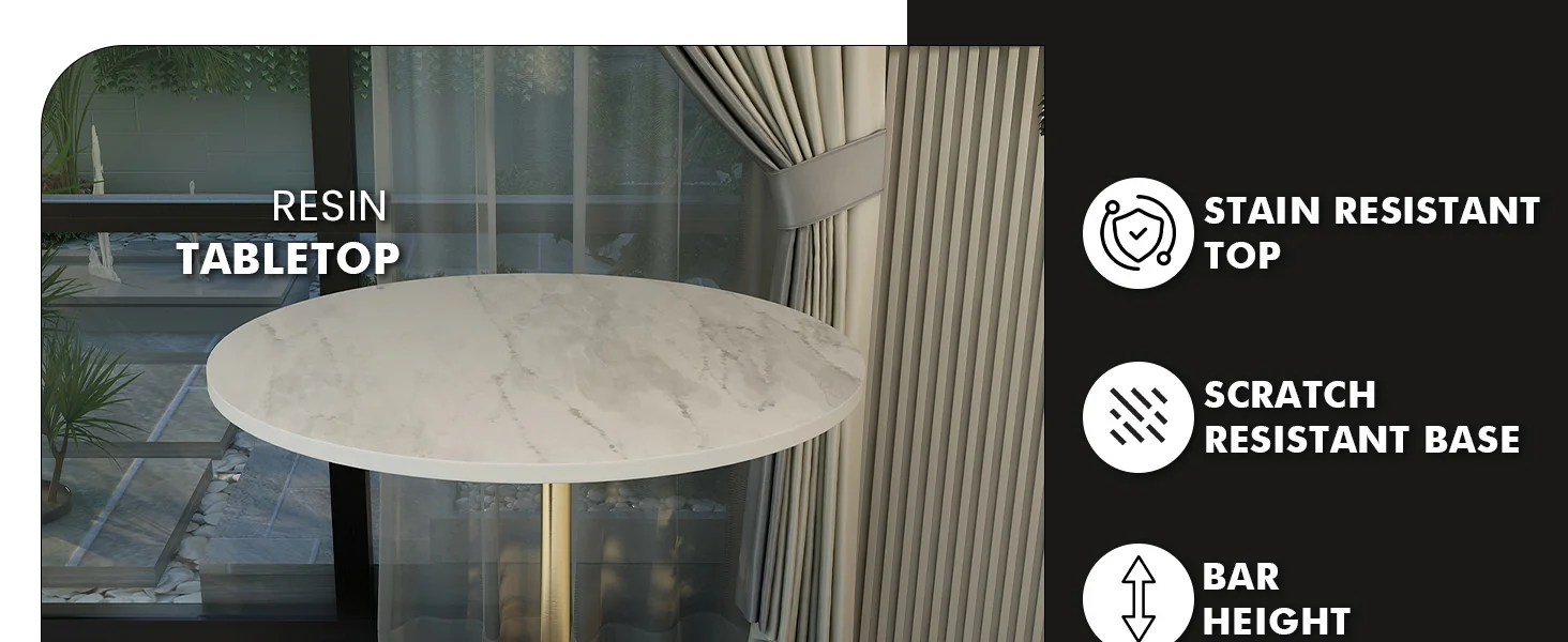 Verve Collection Modern Bar Height Table Brushed Gold Base with 36" Round Marbleized White Laminated Top