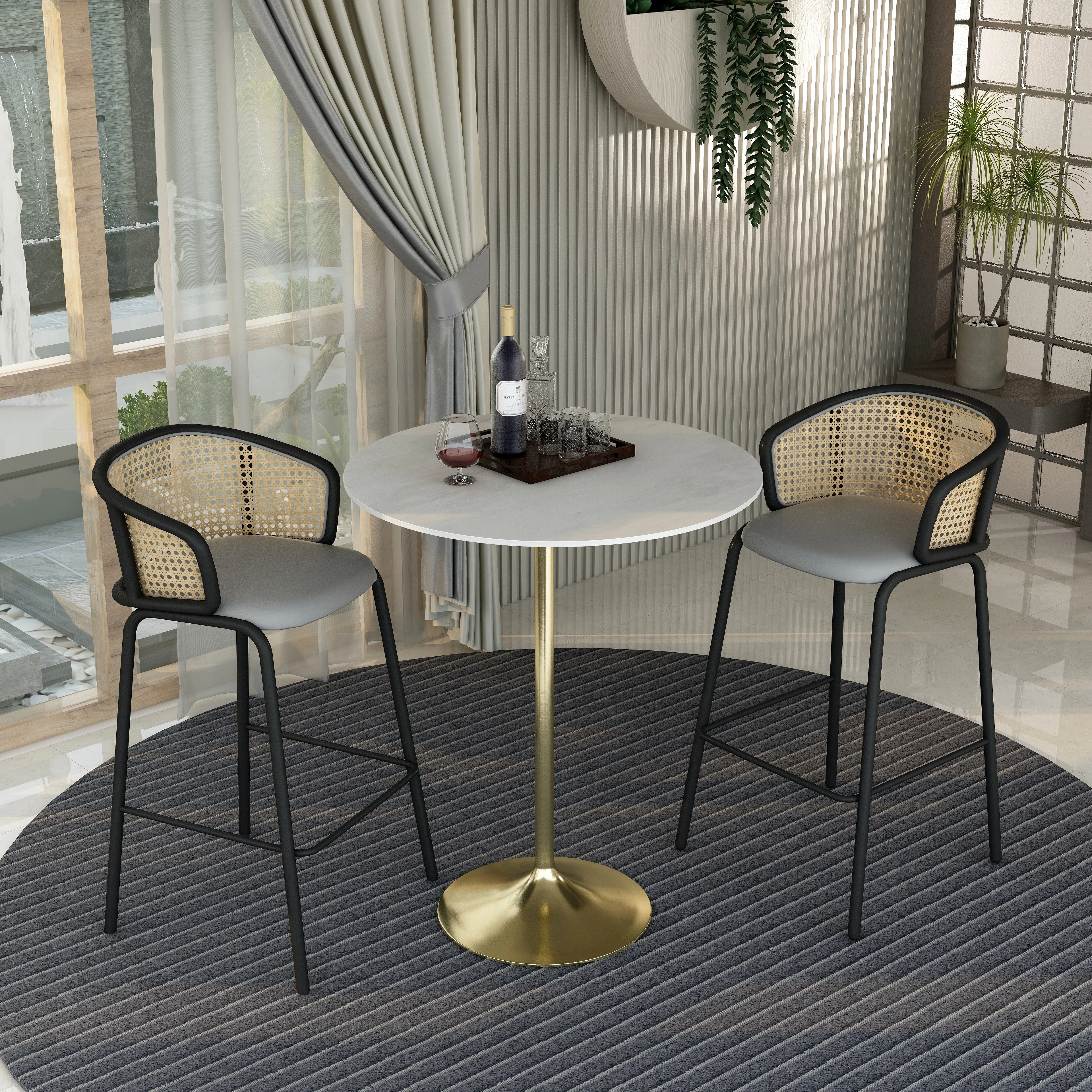 Verve Collection Modern Bar Height Table Brushed Gold Base with 36" Round Marble White Sintered Stone Top