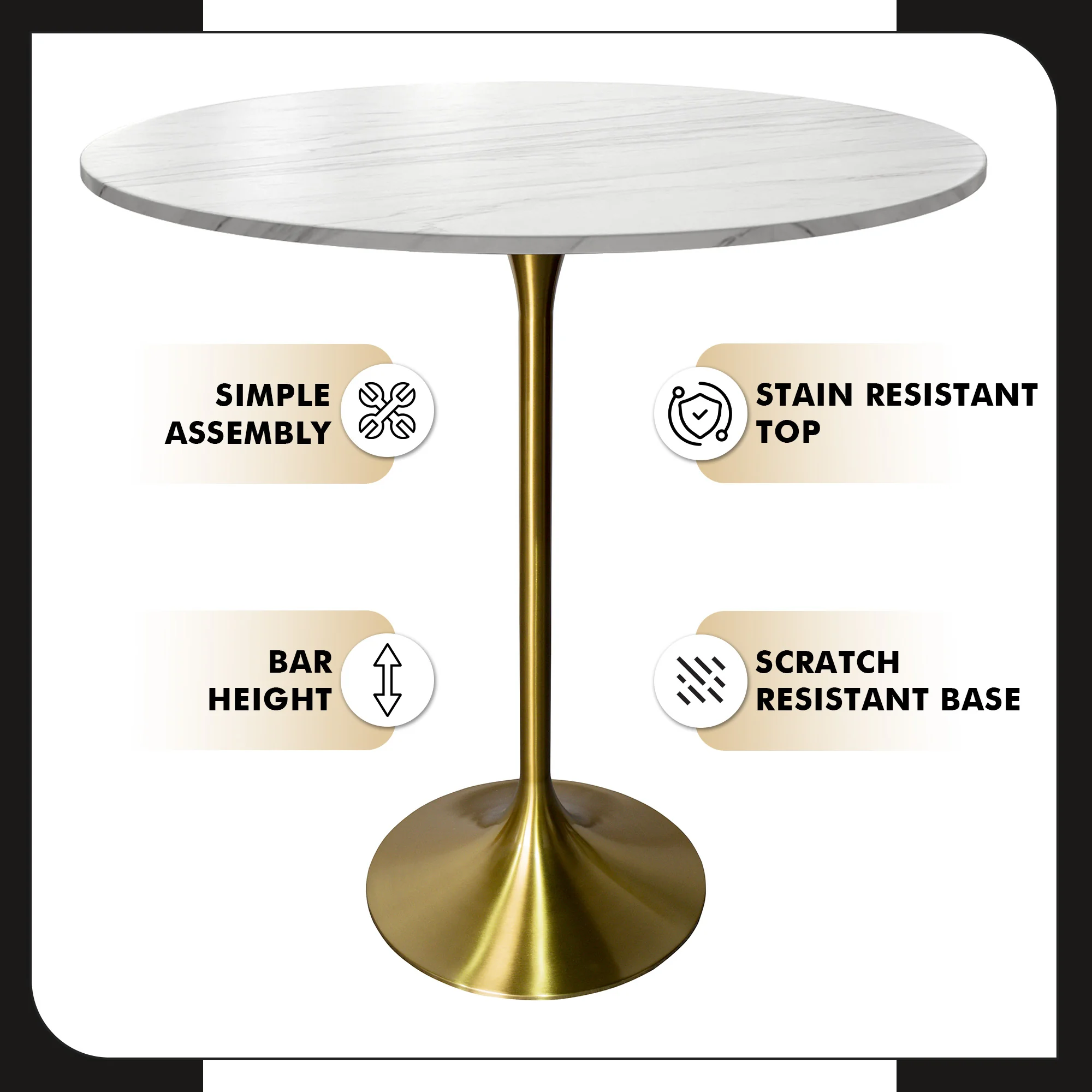 Verve Collection Modern Bar Height Table Brushed Gold Base with 36" Round Marble White Sintered Stone Top