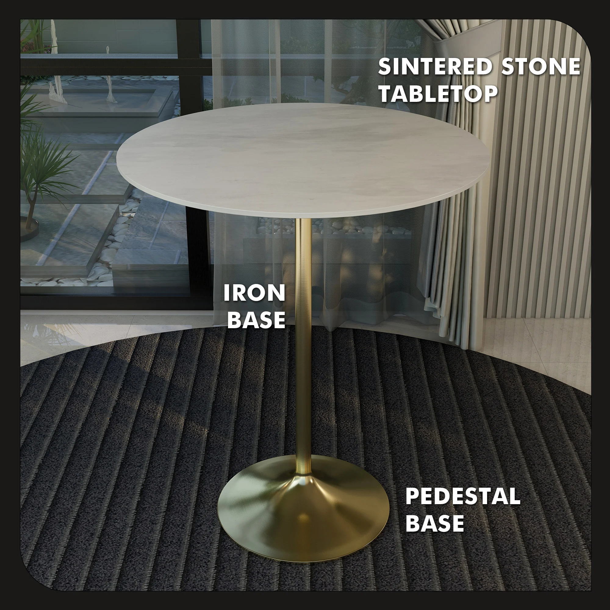 Verve Collection Modern Bar Height Table Brushed Gold Base with 36" Round Marble White Sintered Stone Top
