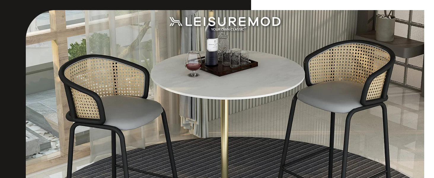 Verve Collection Modern Bar Height Table Brushed Gold Base with 36" Round Marble White Sintered Stone Top