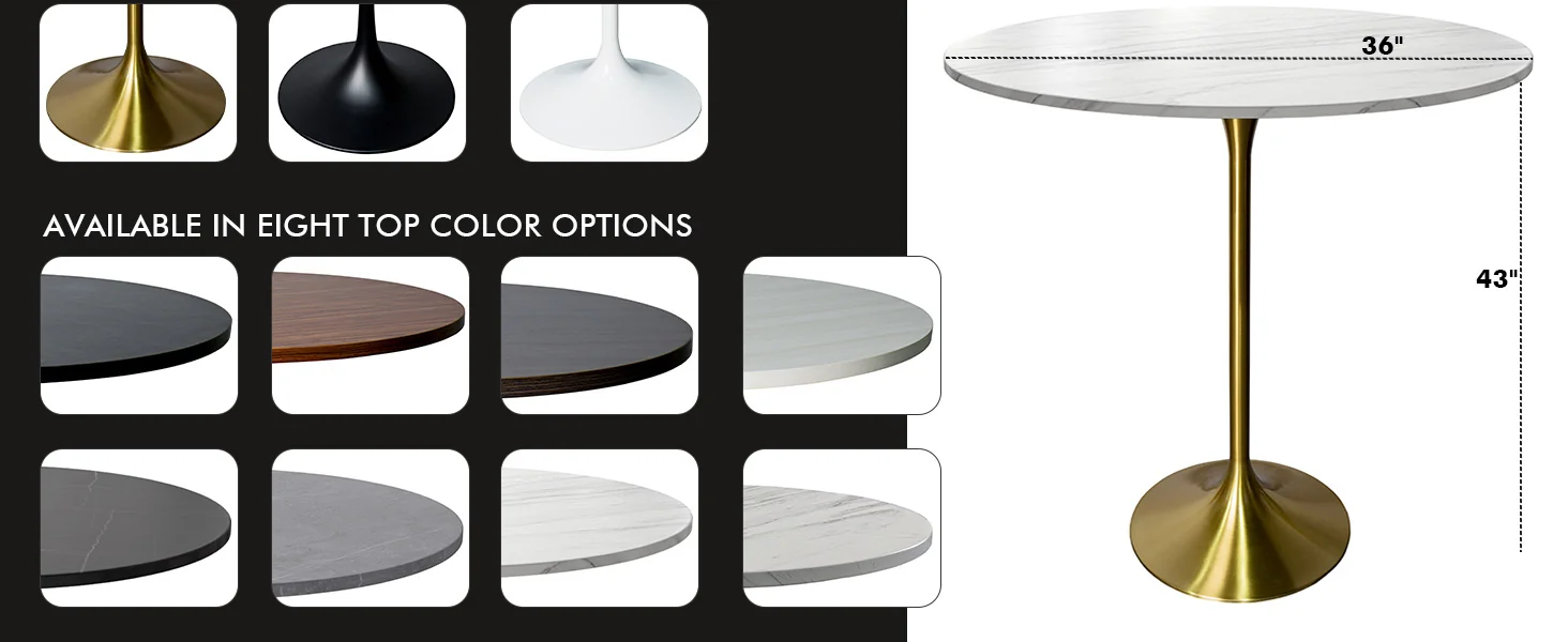 Verve Collection Modern Bar Height Table Brushed Gold Base with 36" Round Marble White Sintered Stone Top