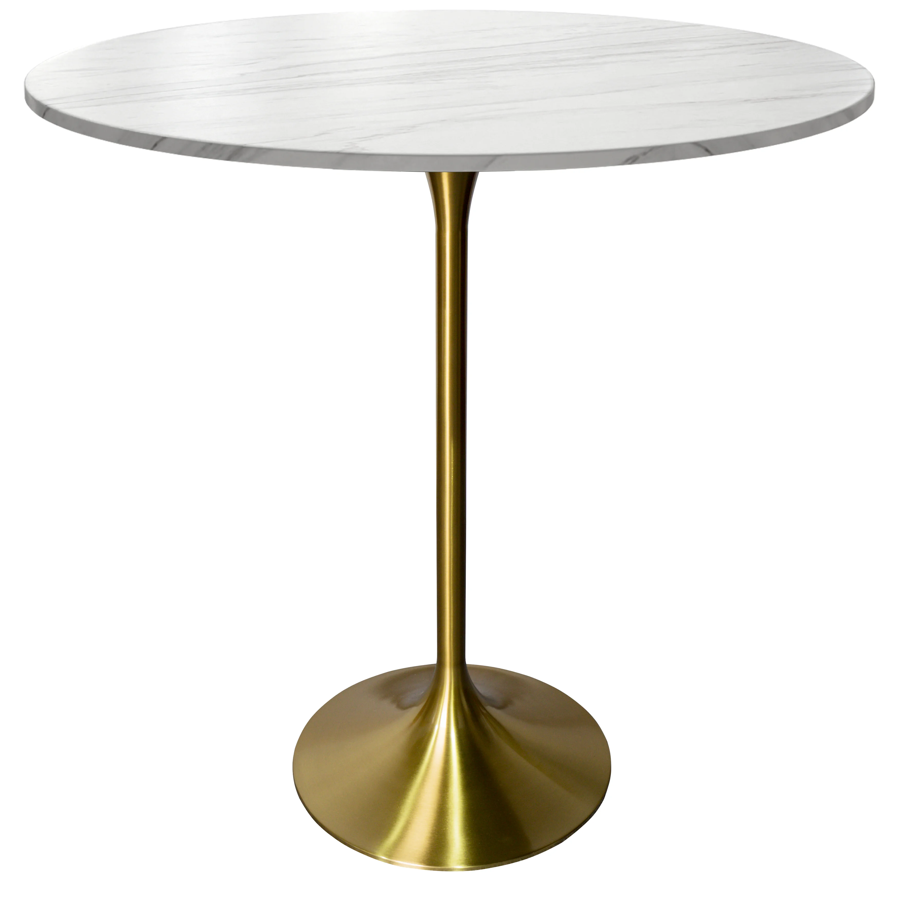 Verve Collection Modern Bar Height Table Brushed Gold Base with 36" Round Marble White Sintered Stone Top