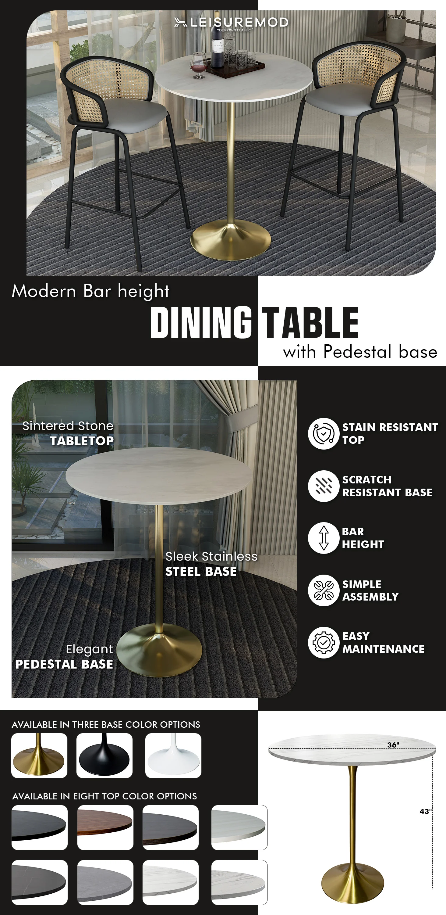 Verve Collection Modern Bar Height Table Brushed Gold Base with 36" Round Marble White Sintered Stone Top