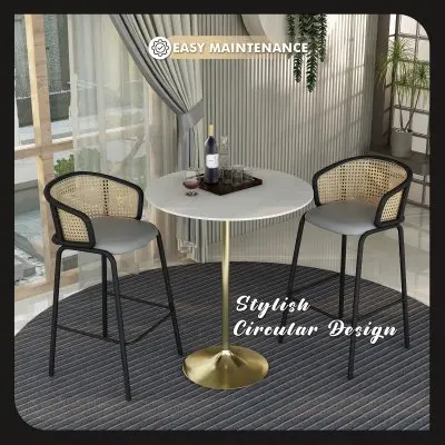 Verve Collection Modern Bar Height Table Brushed Gold Base with 36" Round Marble White Sintered Stone Top