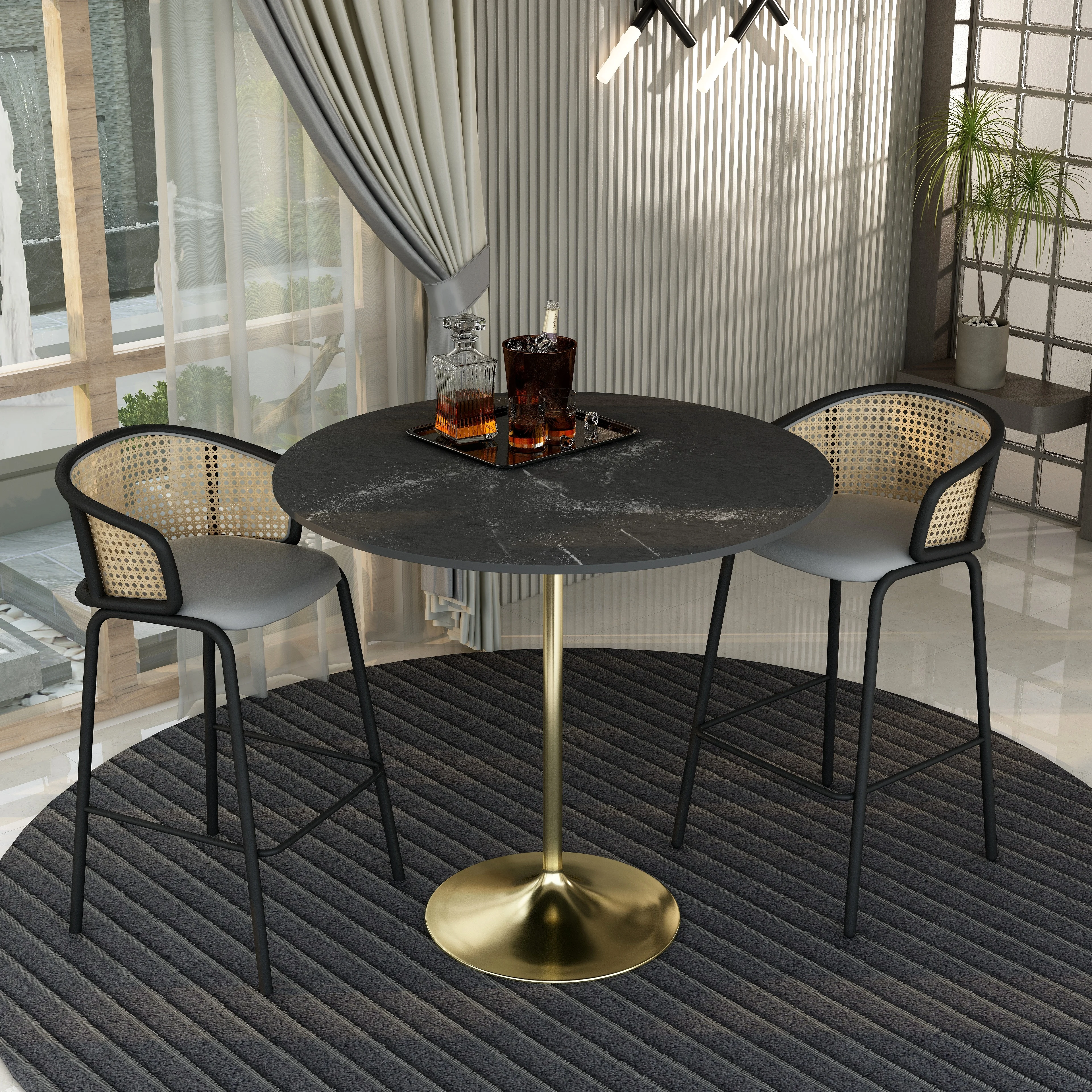 Verve Collection Modern Bar Height Table Brushed Gold Base with 48" Round Black Marbelized MDF Top