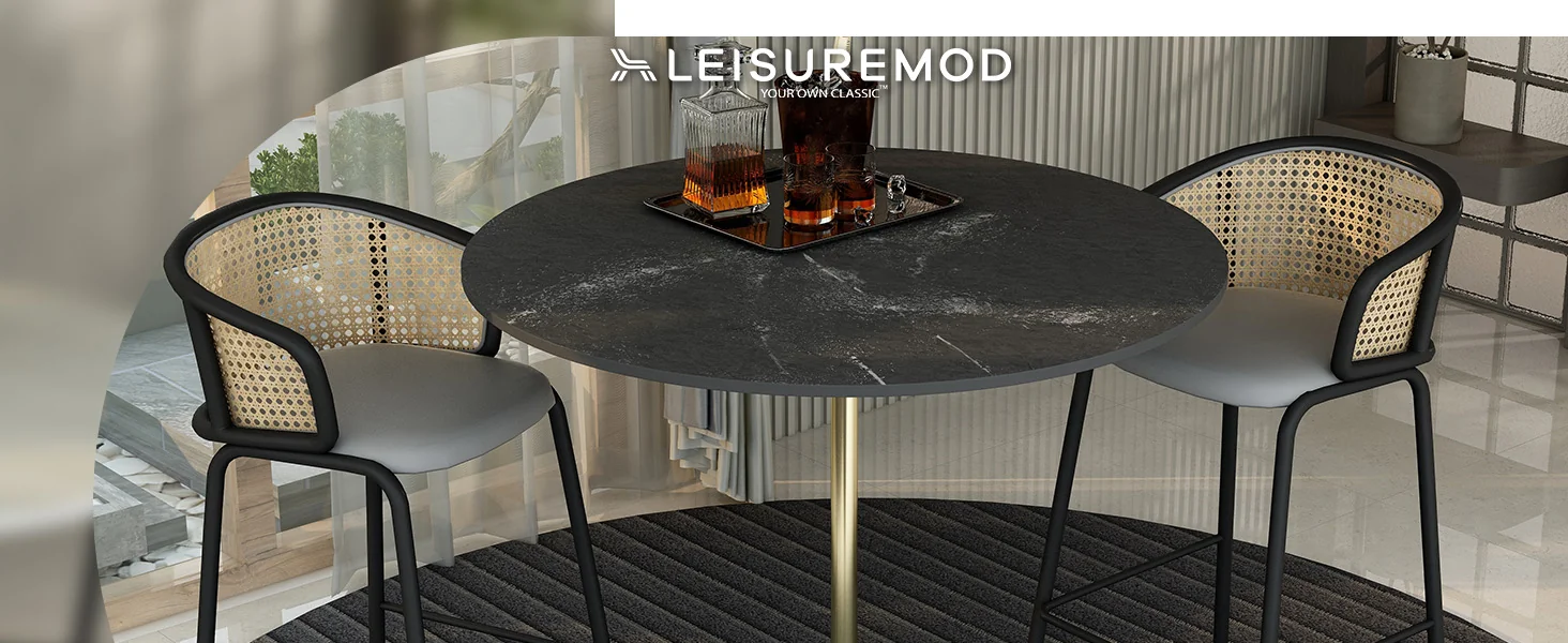 Verve Collection Modern Bar Height Table Brushed Gold Base with 48" Round Black Marbelized MDF Top
