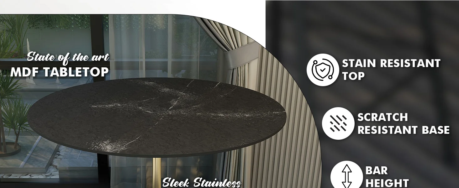 Verve Collection Modern Bar Height Table Brushed Gold Base with 48" Round Black Marbelized MDF Top