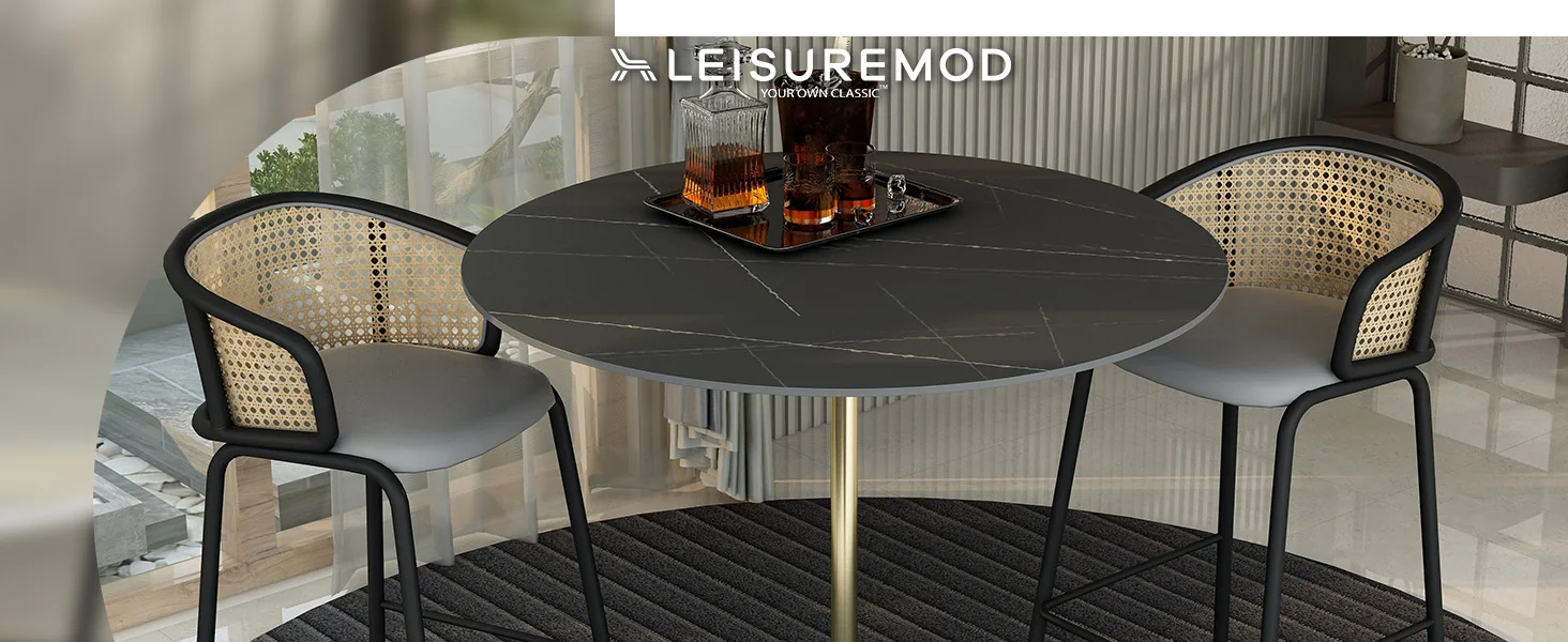 Verve Collection Modern Bar Height Table Brushed Gold Base with 48" Round Black Marbelized Sintered Stone Top
