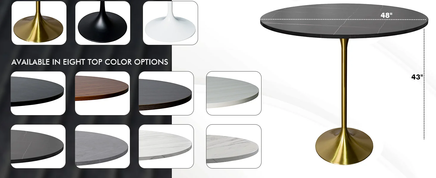 Verve Collection Modern Bar Height Table Brushed Gold Base with 48" Round Black Marbelized Sintered Stone Top