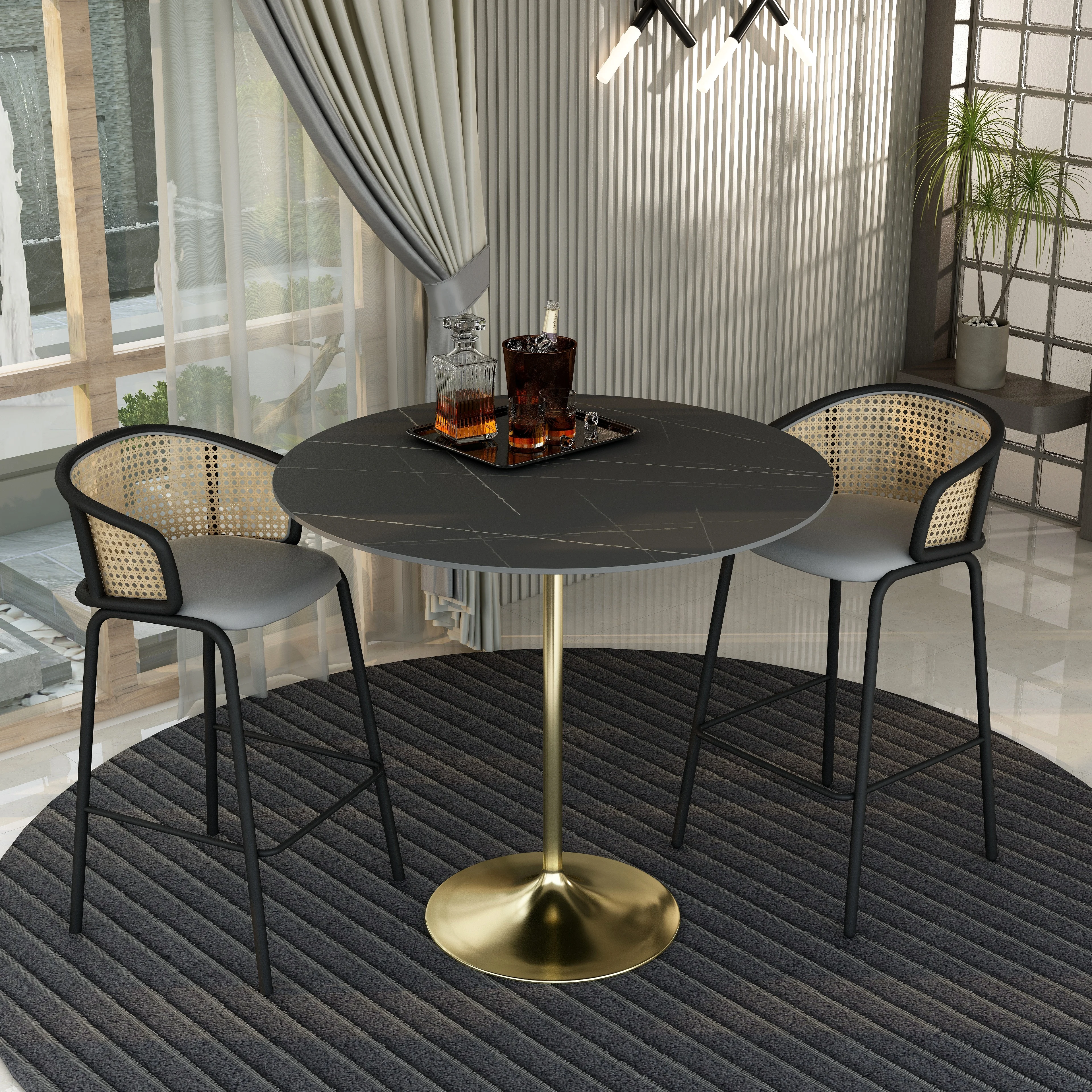 Verve Collection Modern Bar Height Table Brushed Gold Base with 48" Round Black Marbelized Sintered Stone Top