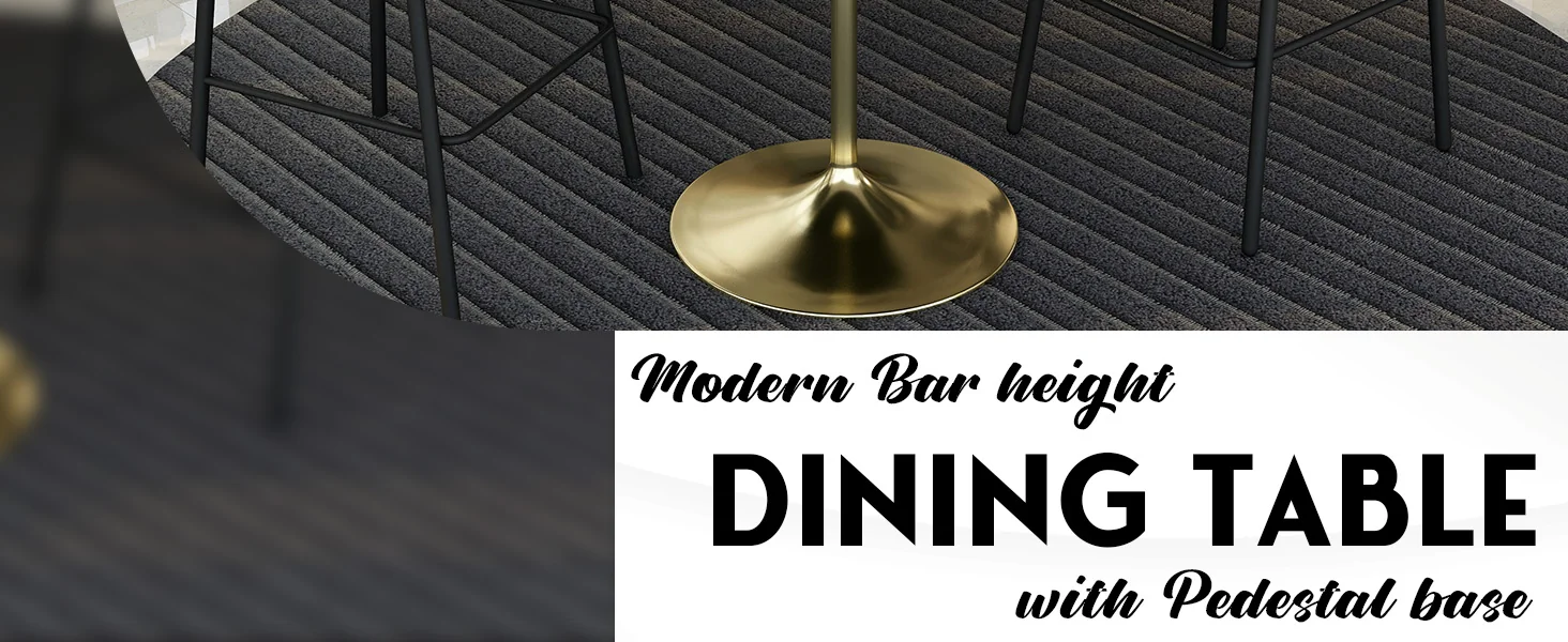 Verve Collection Modern Bar Height Table Brushed Gold Base with 48" Round Black Marbelized Sintered Stone Top