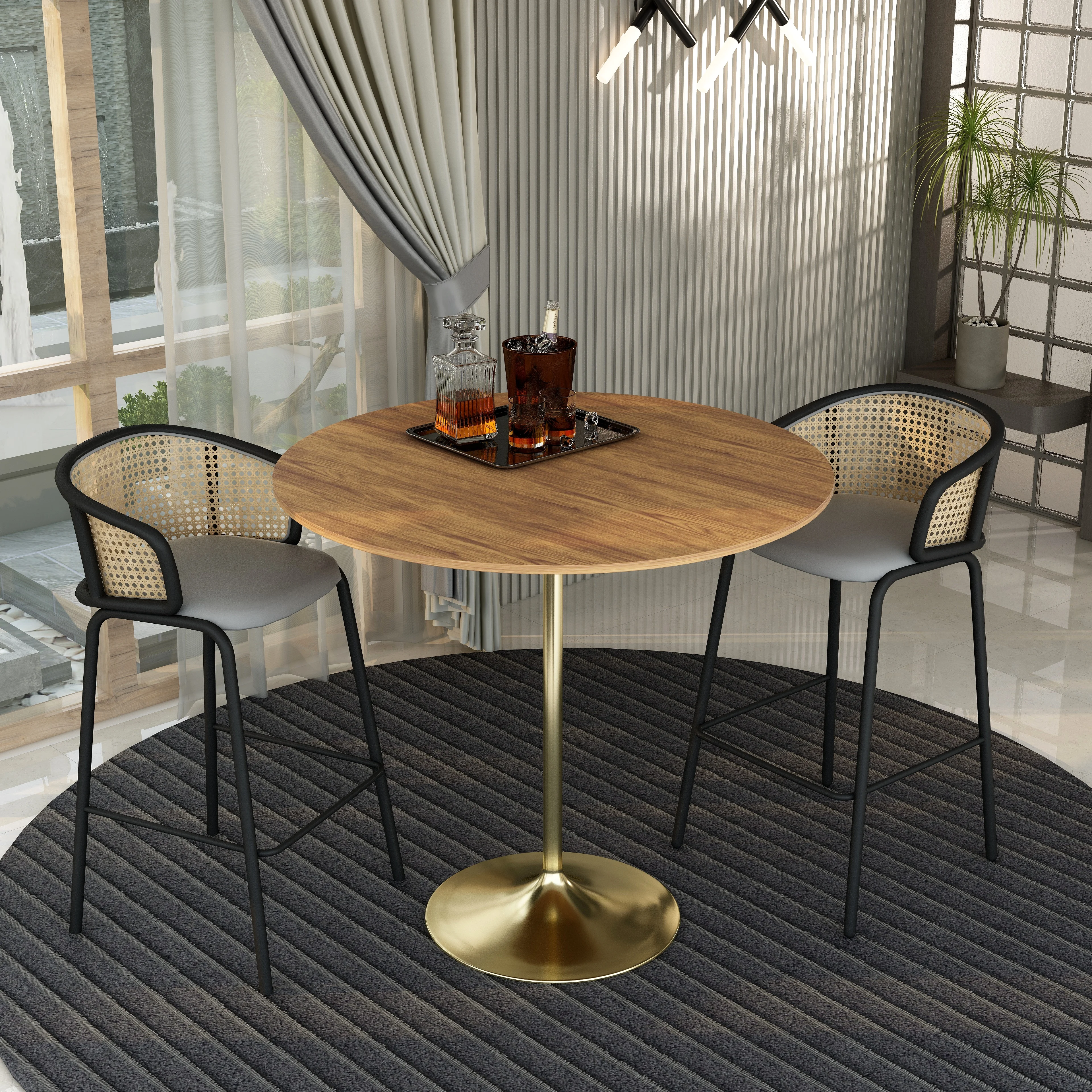 Verve Collection Modern Bar Height Table Brushed Gold Base with 48" Round Cognac Brown MDF Top