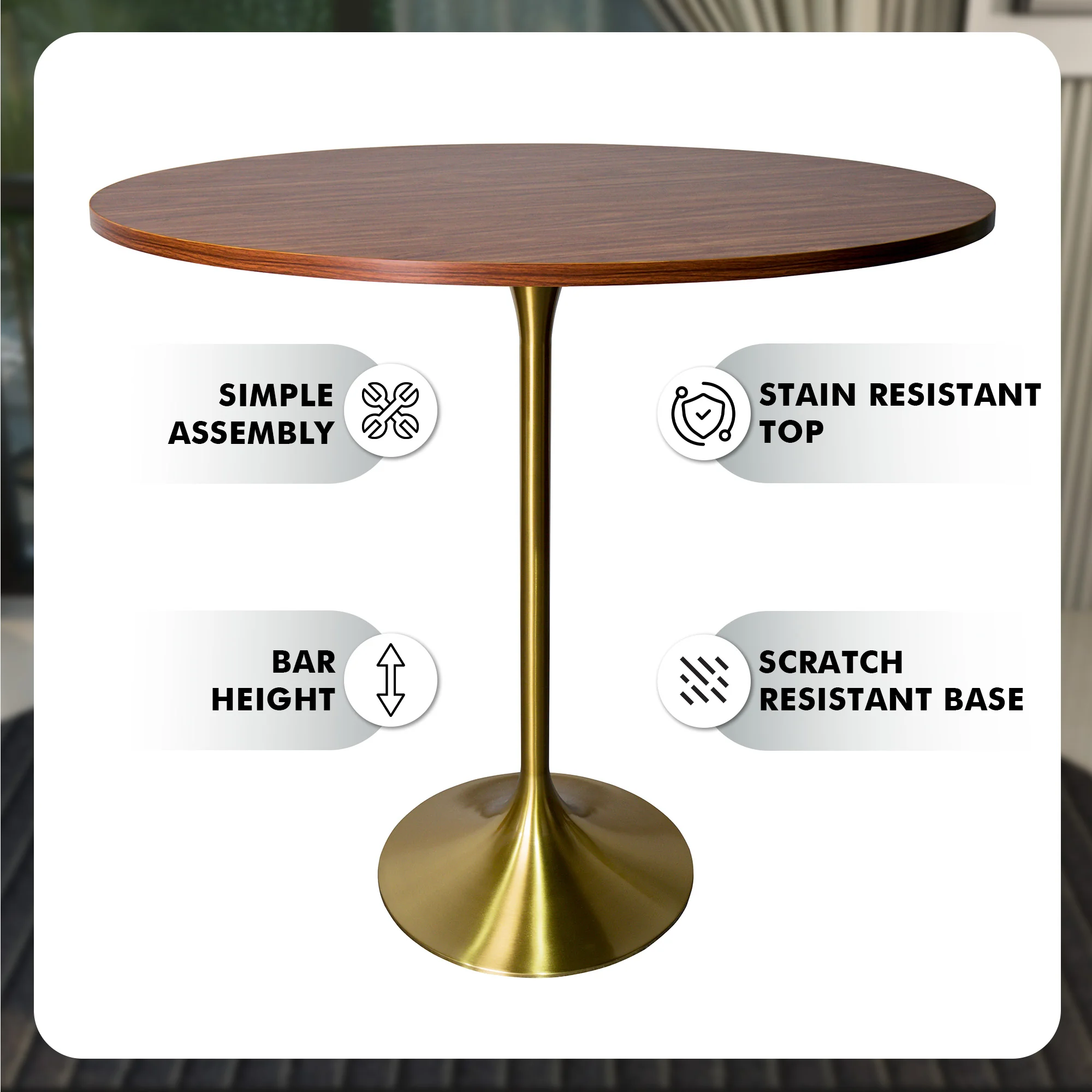 Verve Collection Modern Bar Height Table Brushed Gold Base with 48" Round Cognac Brown MDF Top